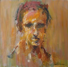 Óleo amarillo y naranja sobre tabla Pintura abstracta de retrato expresivo "Sin título"