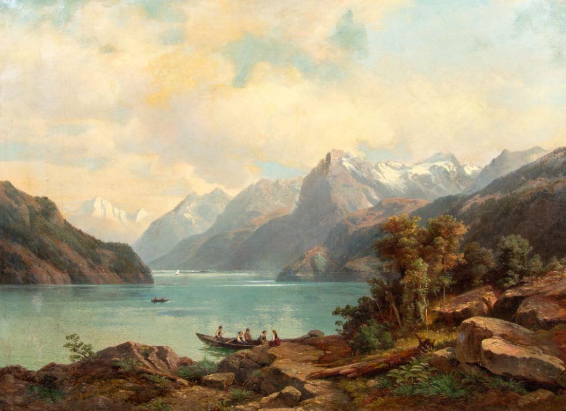 Johann Wilhelm Lindlar, Alpine Lake, Öl auf Leinwand – Painting von Johan Wilhelm Lindlar