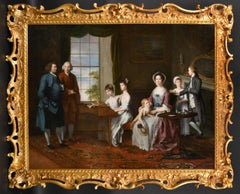 Antique Very Large Fine 18th Century Georgian English Conversation Piece Oil Painting 