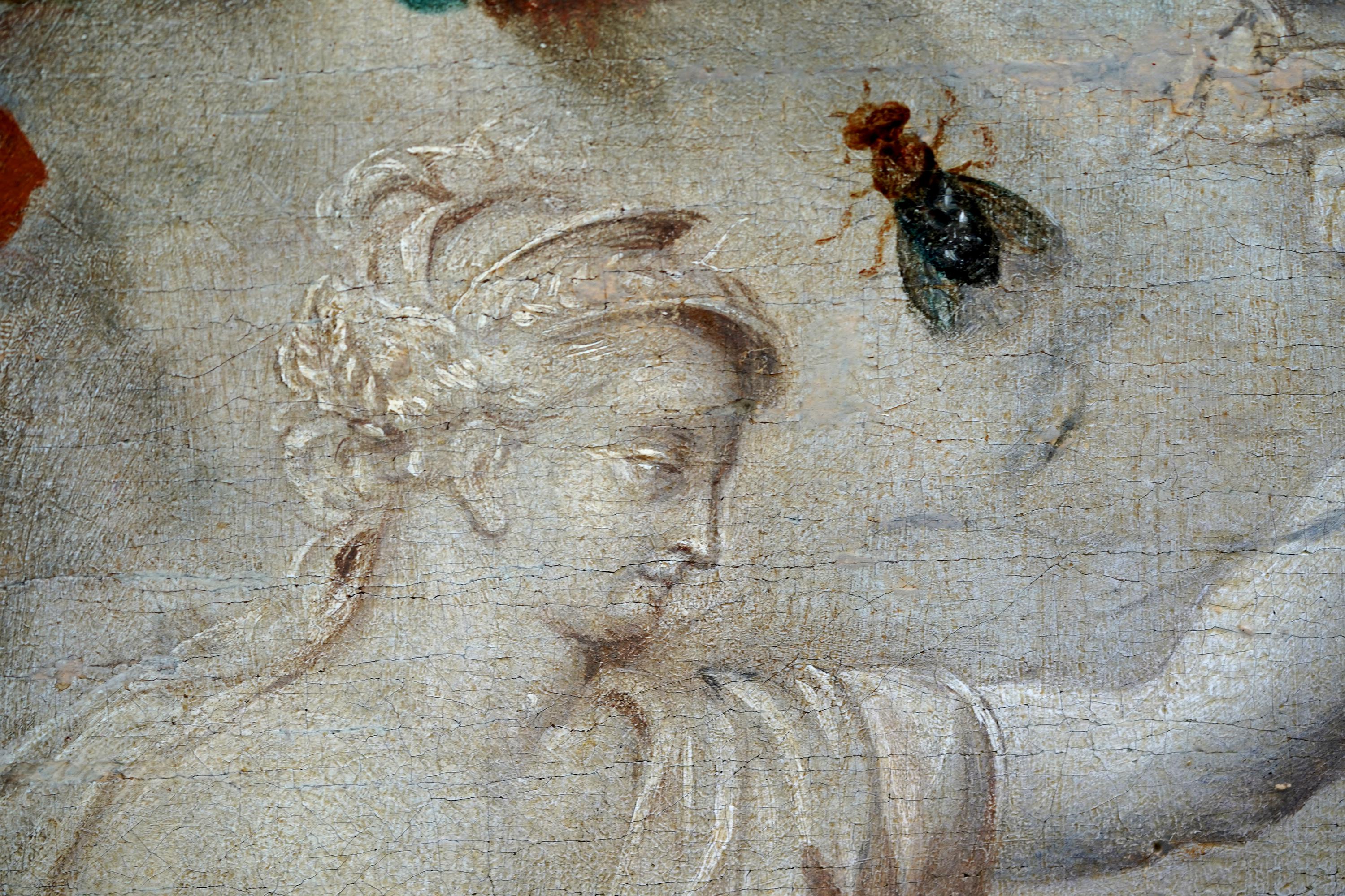 Guirnalda de frutas y flores redonda Calcografía de Putti -  Óleo floral del Viejo Maestro en venta 6