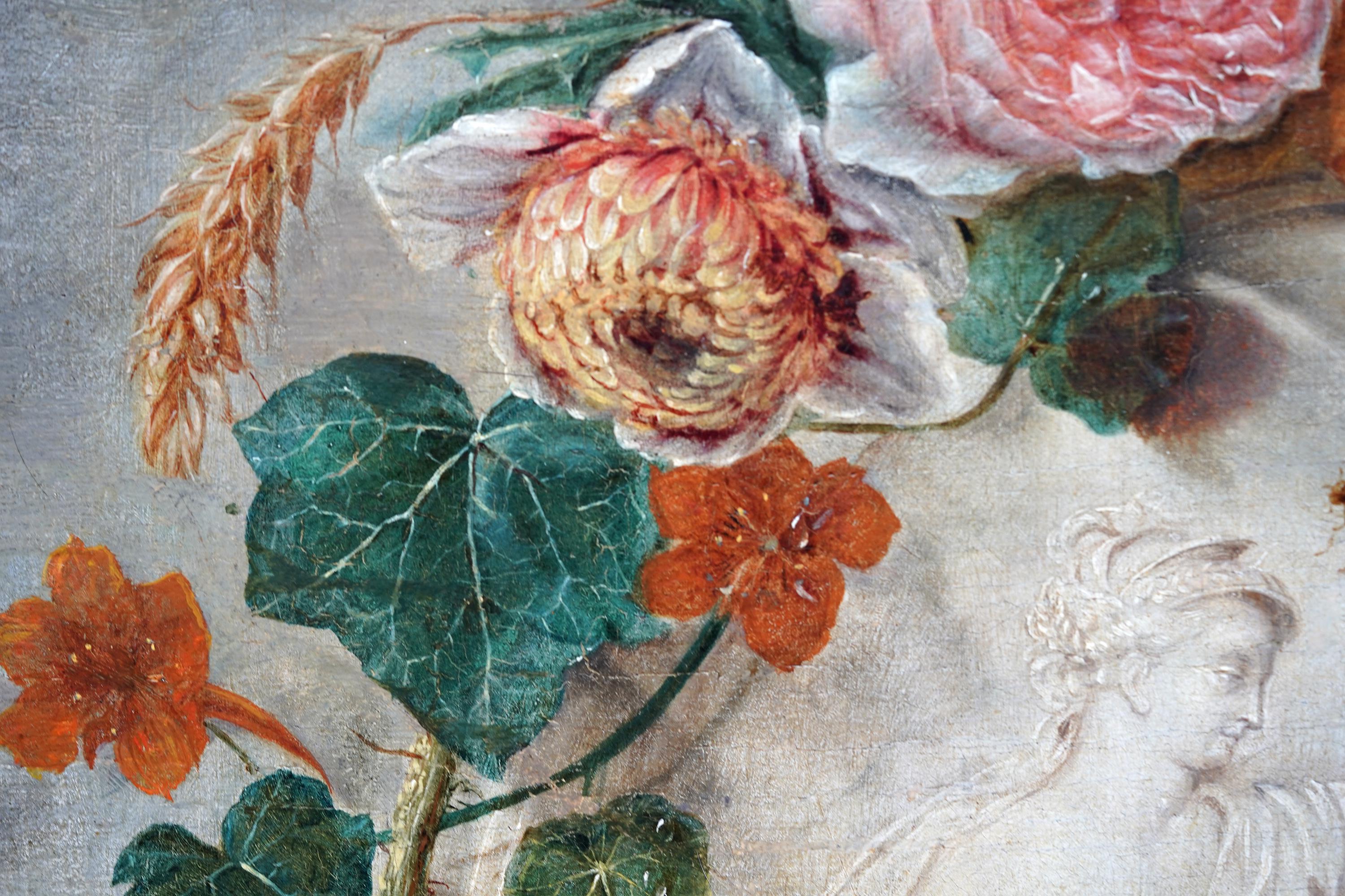 Guirnalda de frutas y flores redonda Calcografía de Putti -  Óleo floral del Viejo Maestro en venta 10