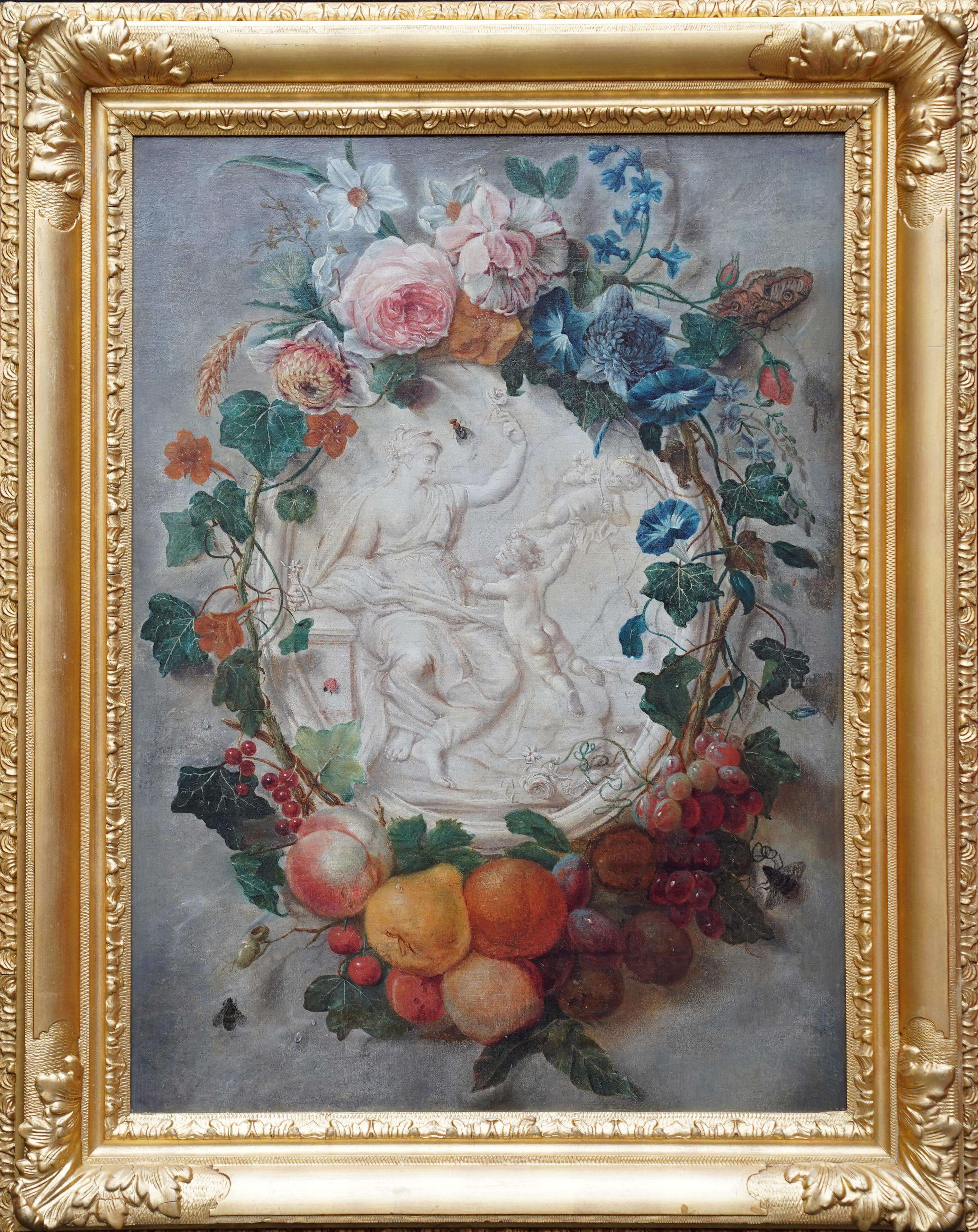 Guirnalda de frutas y flores redonda Calcografía de Putti -  Óleo floral del Viejo Maestro en venta 13