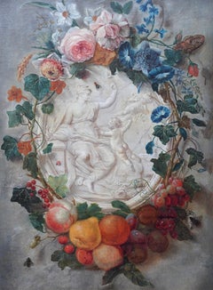 Fruit & Flower Garland round Intaglio of Putti -  Old Master floral oil painting