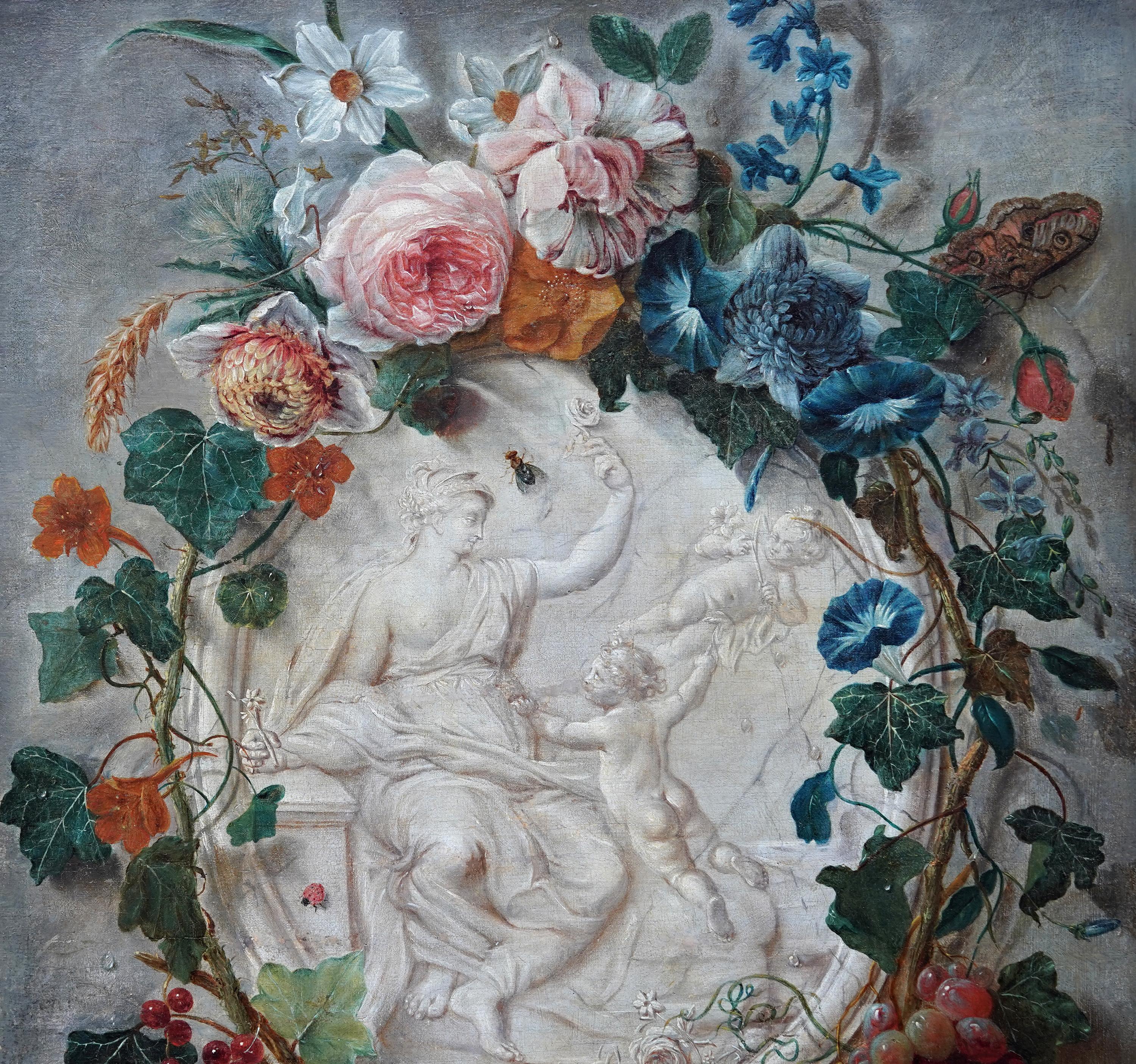 Guirnalda de frutas y flores redonda Calcografía de Putti -  Óleo floral del Viejo Maestro - Painting Antiguos maestros de Johann Amandus Winck