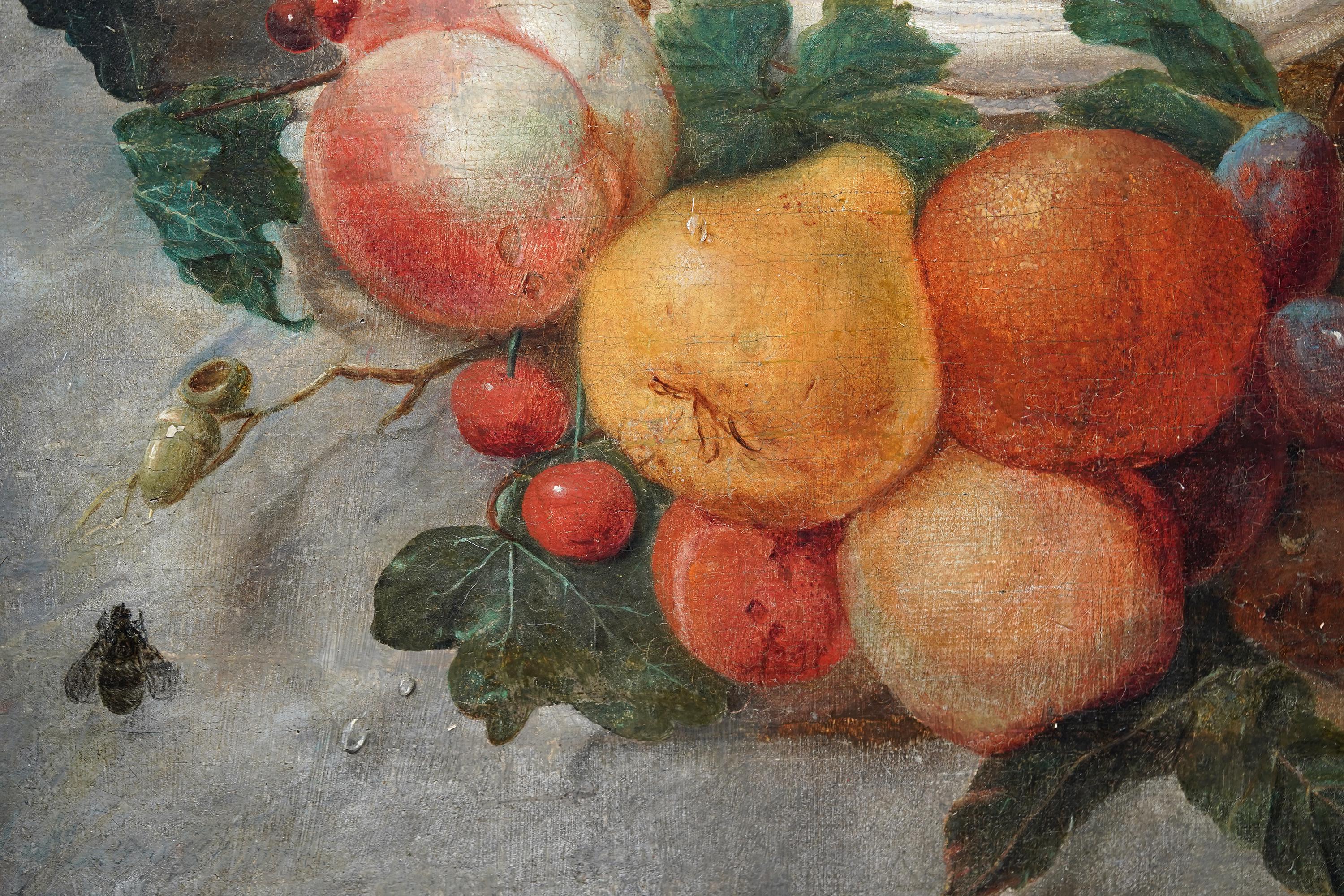 Guirnalda de frutas y flores redonda Calcografía de Putti -  Óleo floral del Viejo Maestro en venta 1