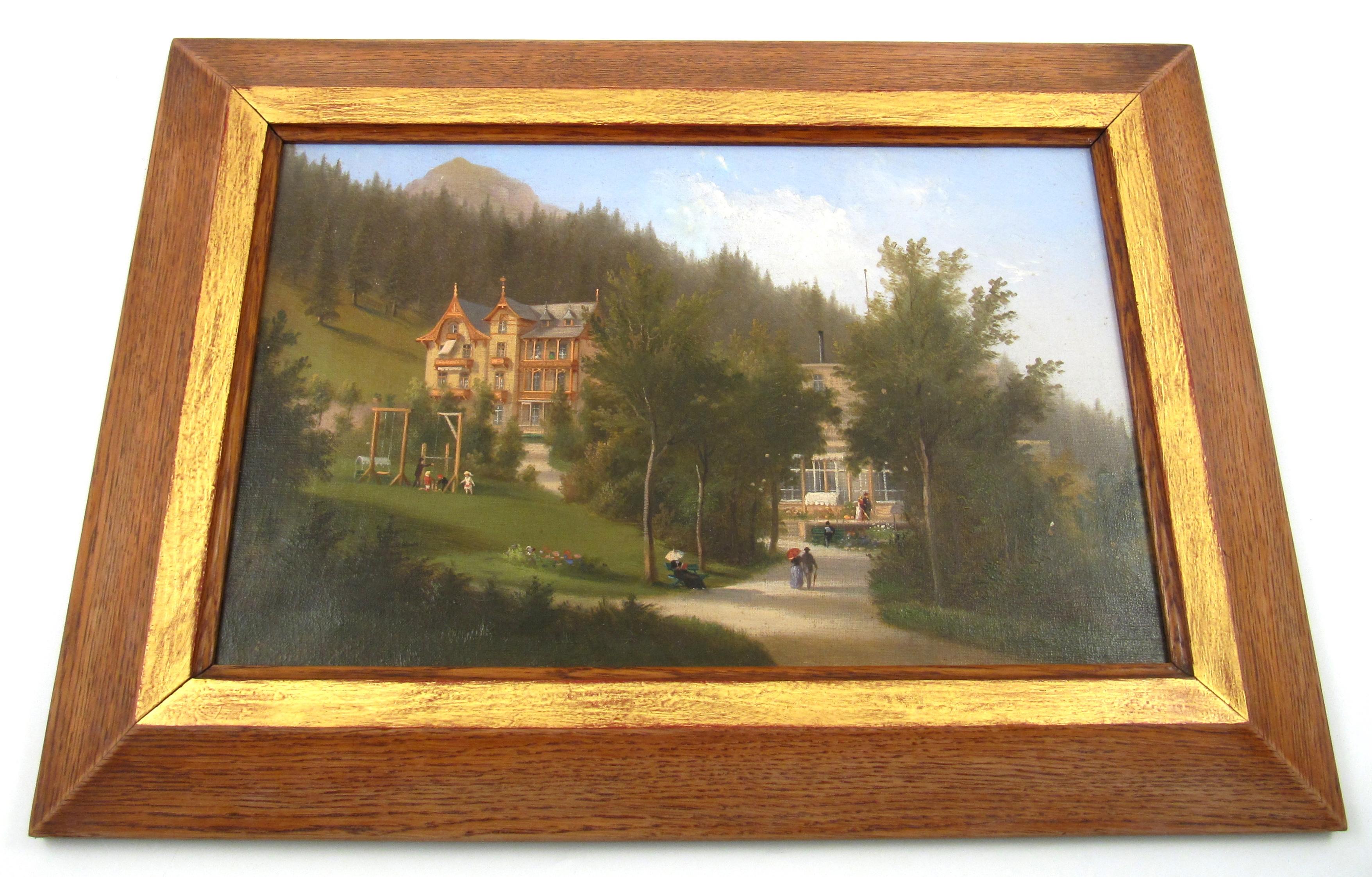 Ferdinand Sommer - 1874 Villa Germany Kurhaus Davos, Suisse - peinture à l'huile - Marron Figurative Painting par Johann Andreas Ferdinand Sommer