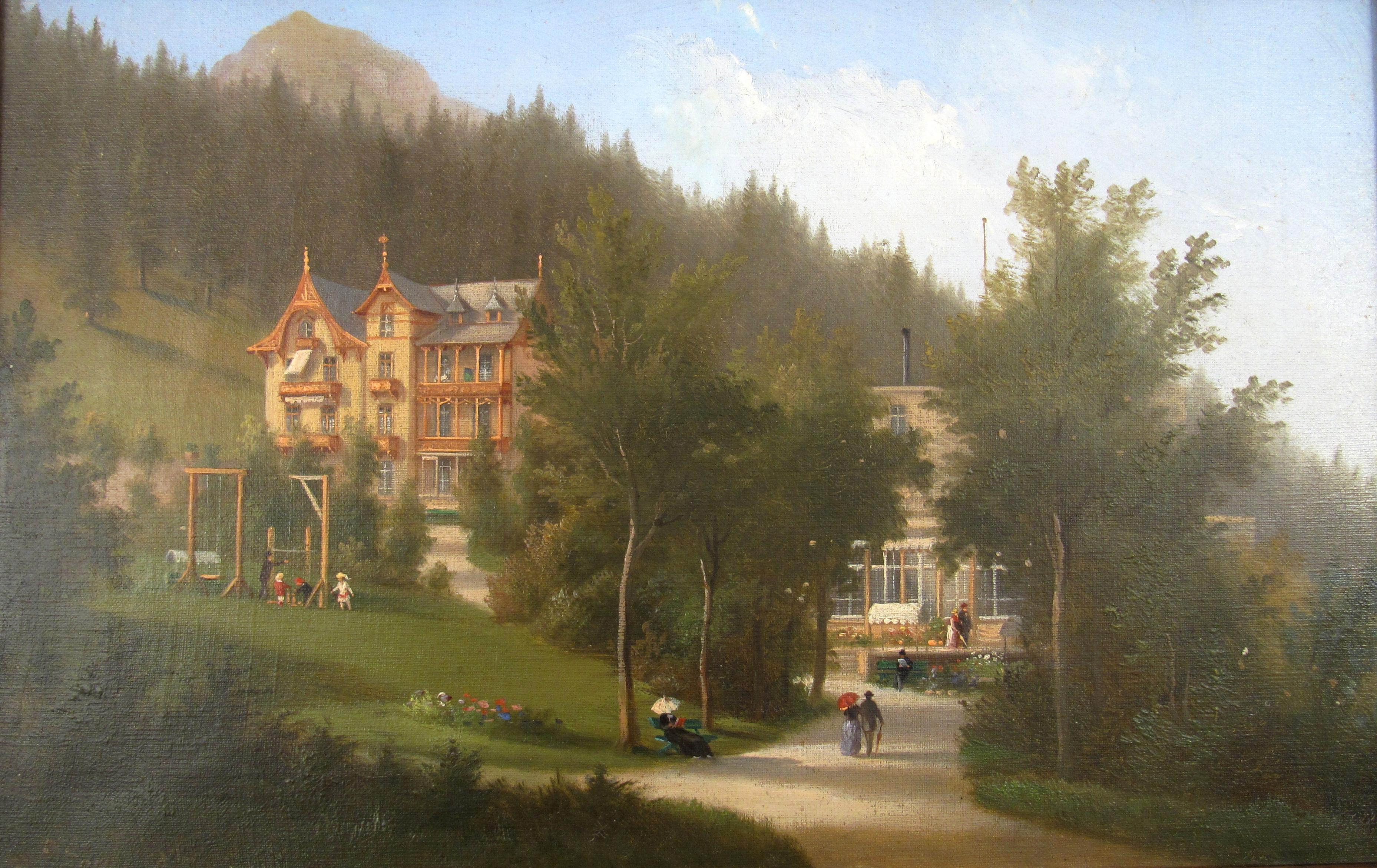 Ferdinand Sommer - 1874 Villa Germany Kurhaus Davos, Suisse - peinture à l'huile - Naturalisme Painting par Johann Andreas Ferdinand Sommer