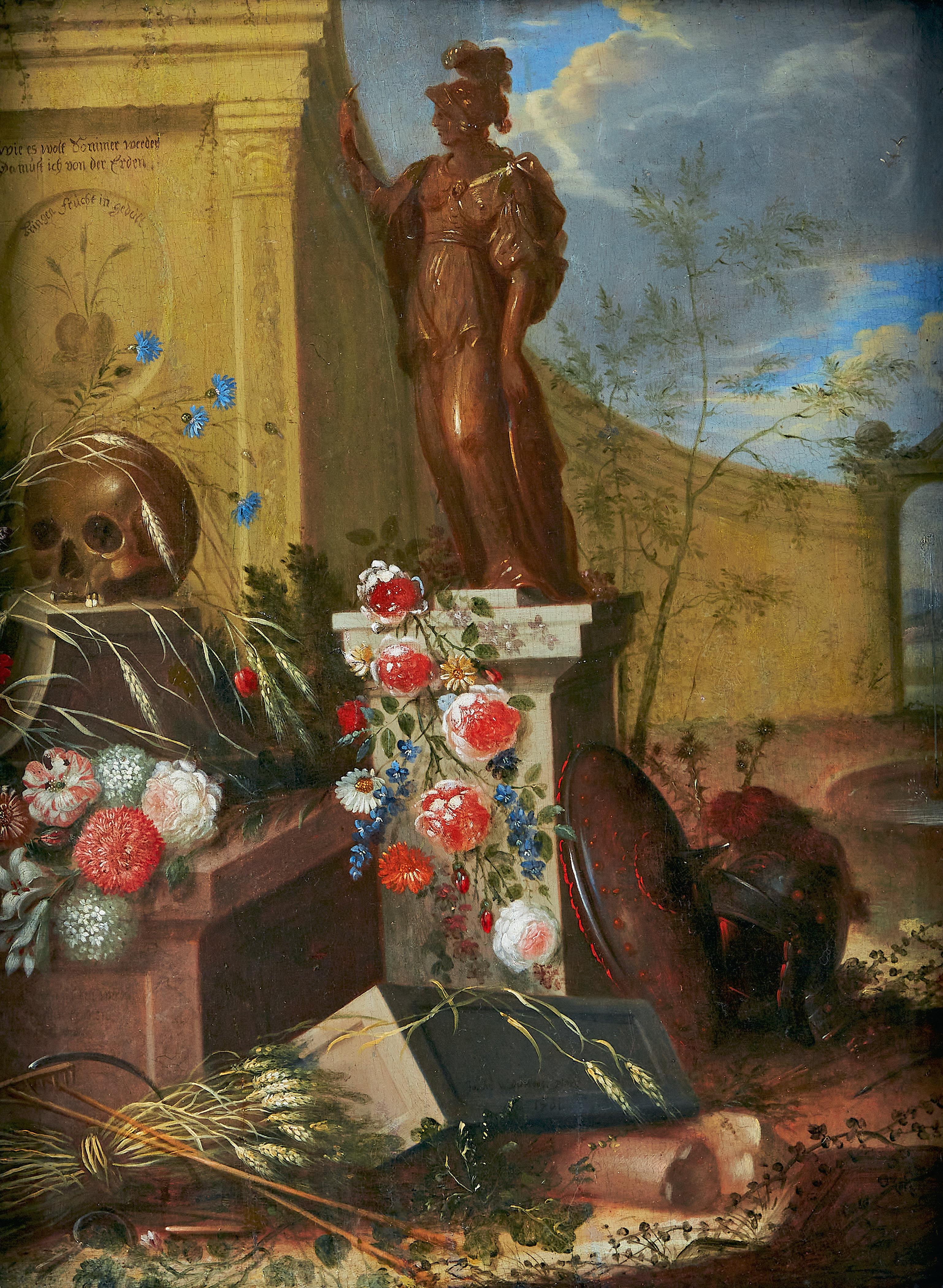 Natura morta Vanitas con statua di Pallas Atena - Painting di Johann Andreas von Düwens
