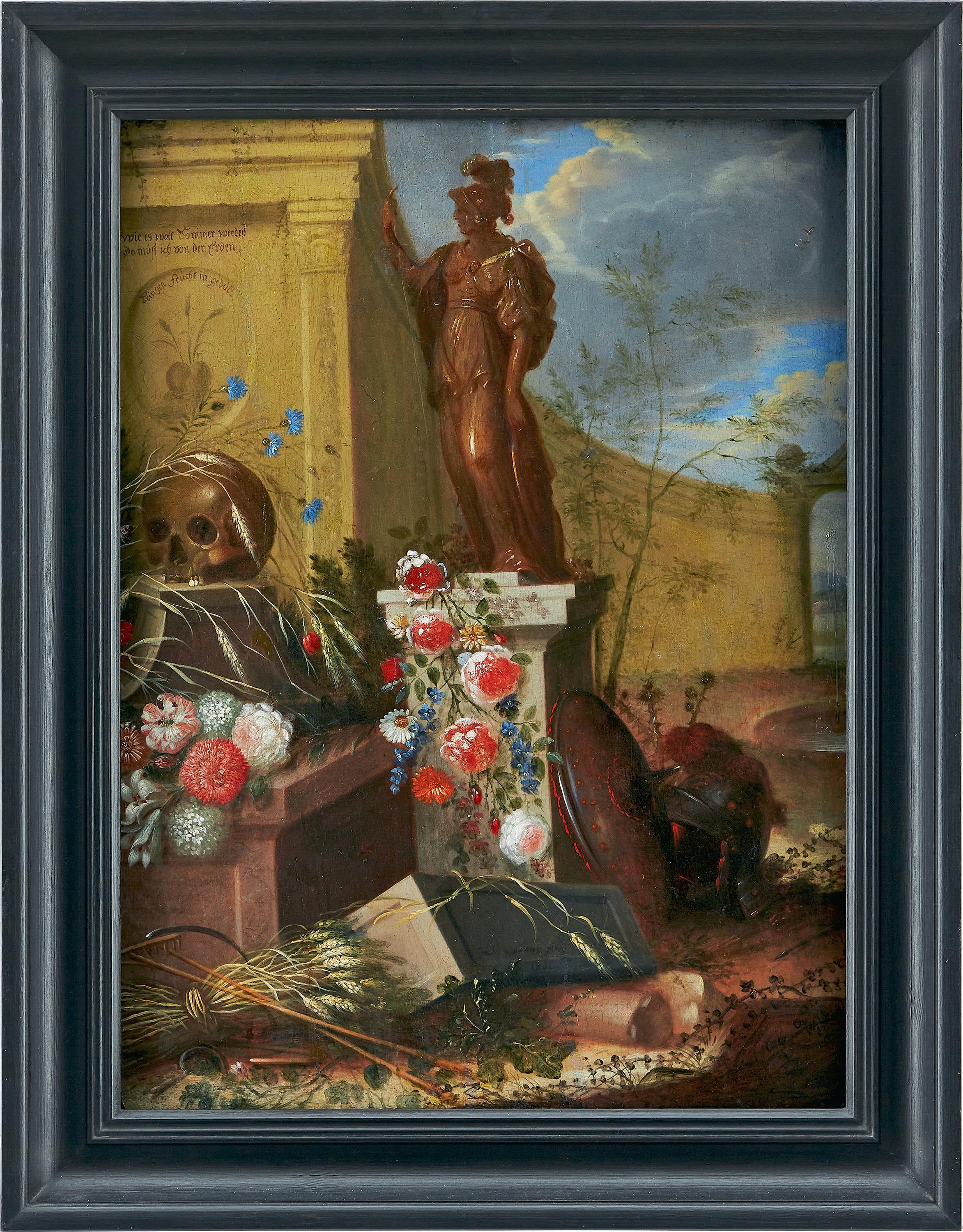 Natura morta Vanitas con statua di Pallas Atena - Still-Life Painting Nero di Johann Andreas von Düwens