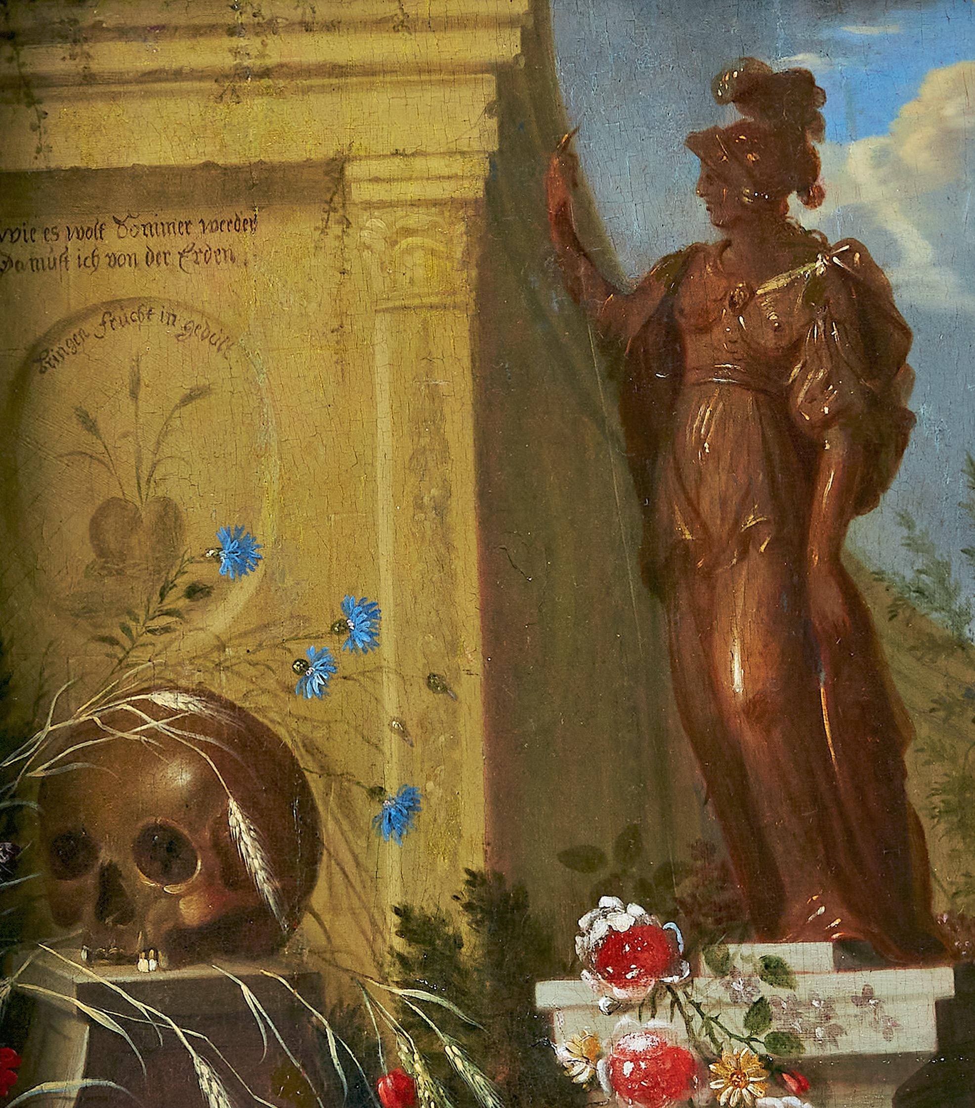 Un'interessante natura morta di vanitas con una statua di Pallas Atena, un'ala di palazzo ad arco, un covone di grano e fiori di Johann Andreas von Düwens (Germania ?-1716).  Firmato e datato Jo An von Düwens pinx 1701 sulla colonna. Olio su