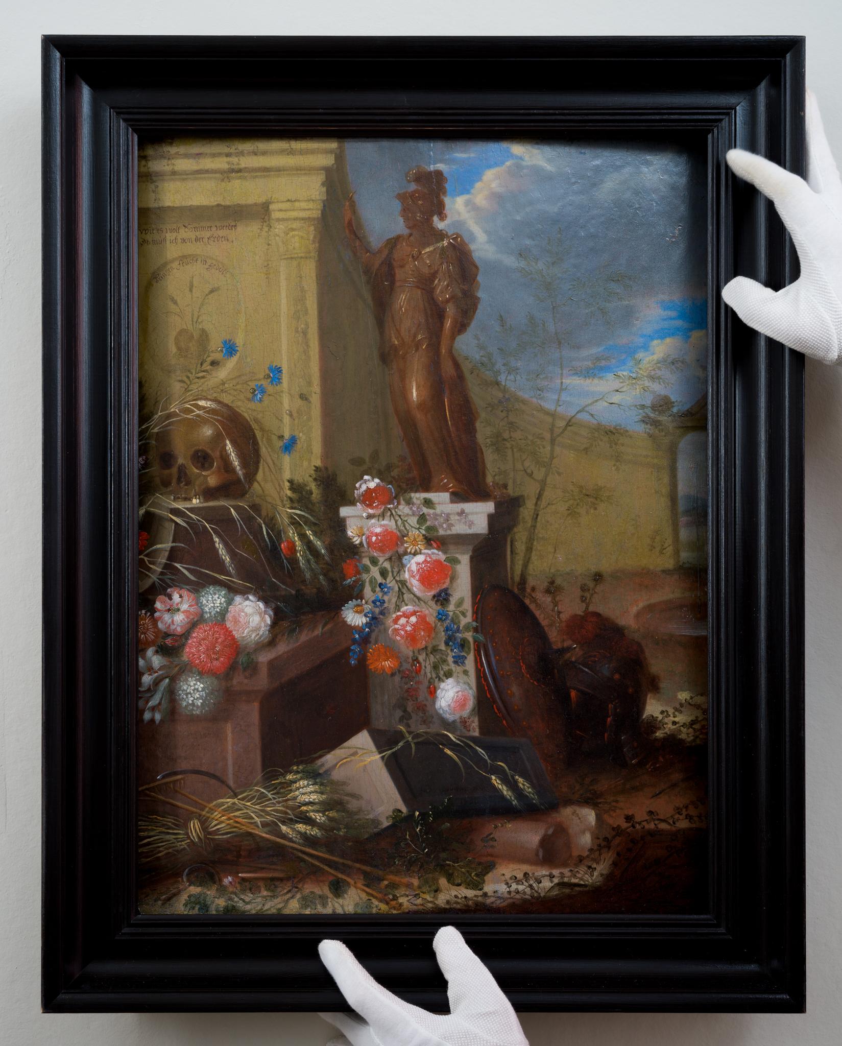 Vanitas con Palas Atenea, trigo y flores, 1701 - Painting de Johann Andreas von Düwens