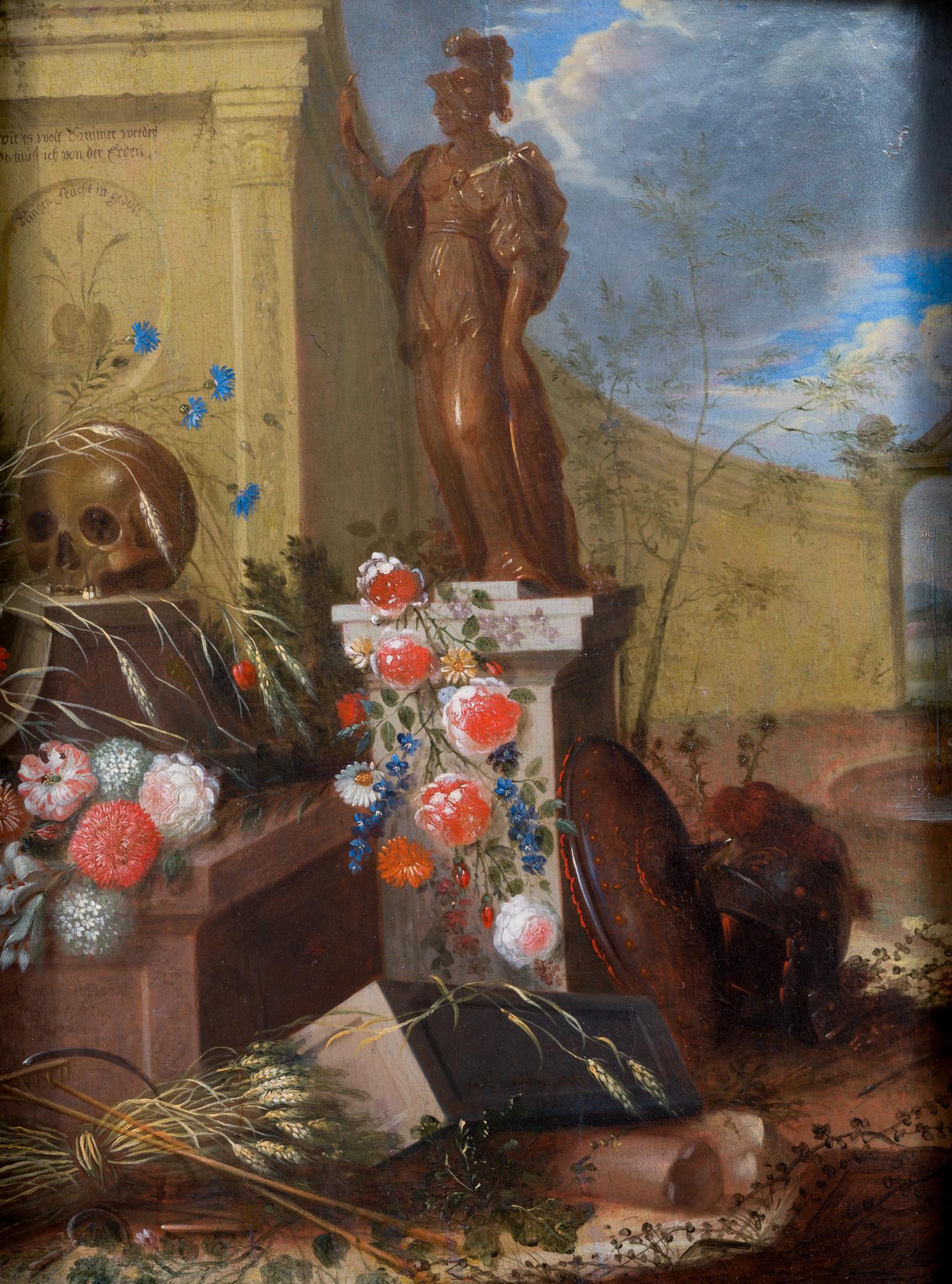 Vanitas con Palas Atenea, trigo y flores, 1701 - Painting Antiguos maestros de Johann Andreas von Düwens