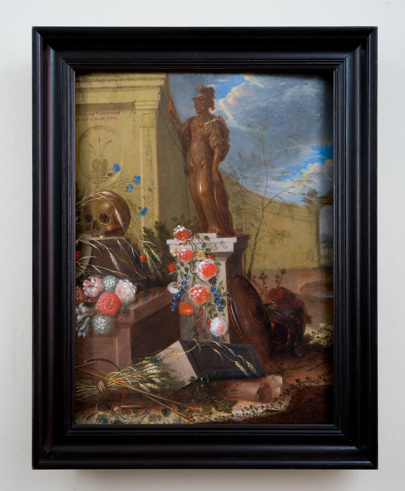 Vanitas con Palas Atenea, trigo y flores, 1701 - Still-Life Painting Negro de Johann Andreas von Düwens