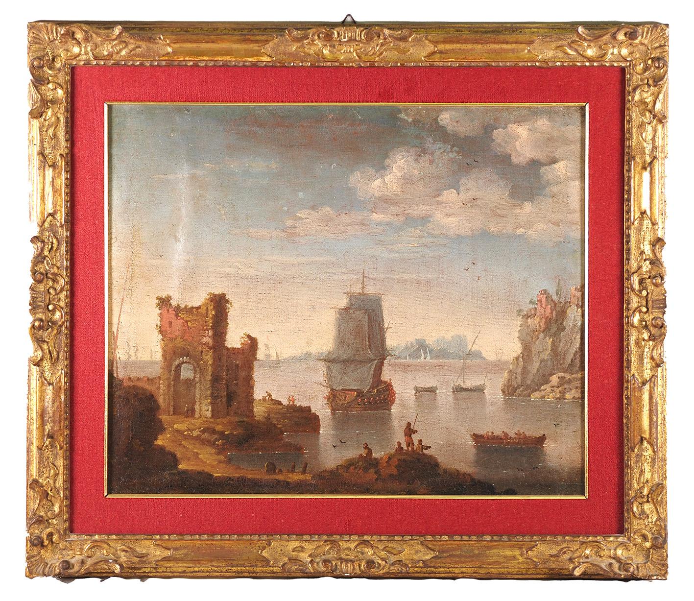 Johann Anton Eismann (attr.)
Salisburgo, 1604 – Venezia, 1698

Veduta costiera con rovine, pescatori e galeone

Veduta costiera con torrione, figure e galeone

Olio su tela, cm. 37×46

Al retro sulla tela e sul telaio recano la scritta “N. 425” –