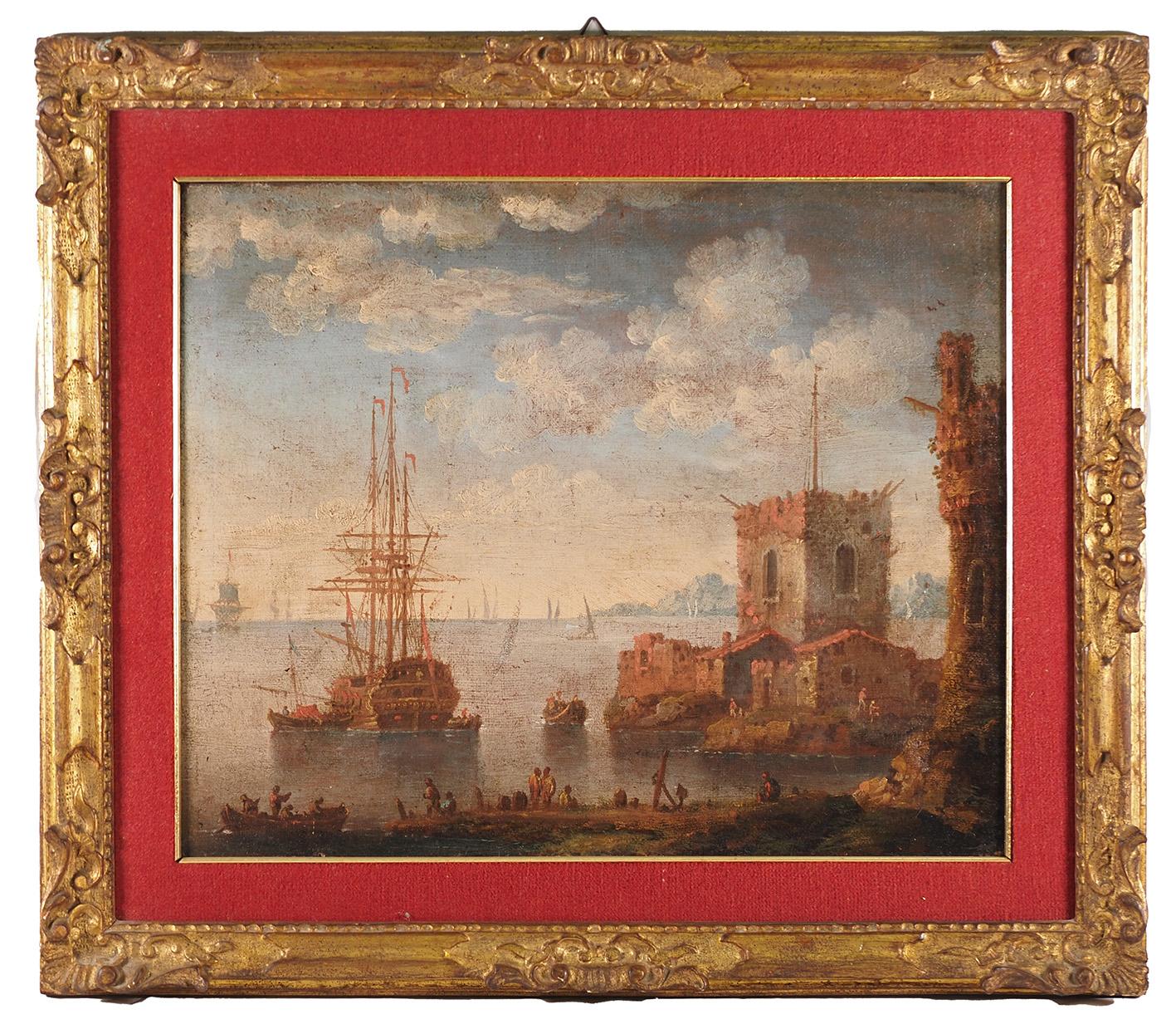 Italian Johann Anton Eismann (attr.), Coppia di Marine, dipinti ad olio su tela in vendita