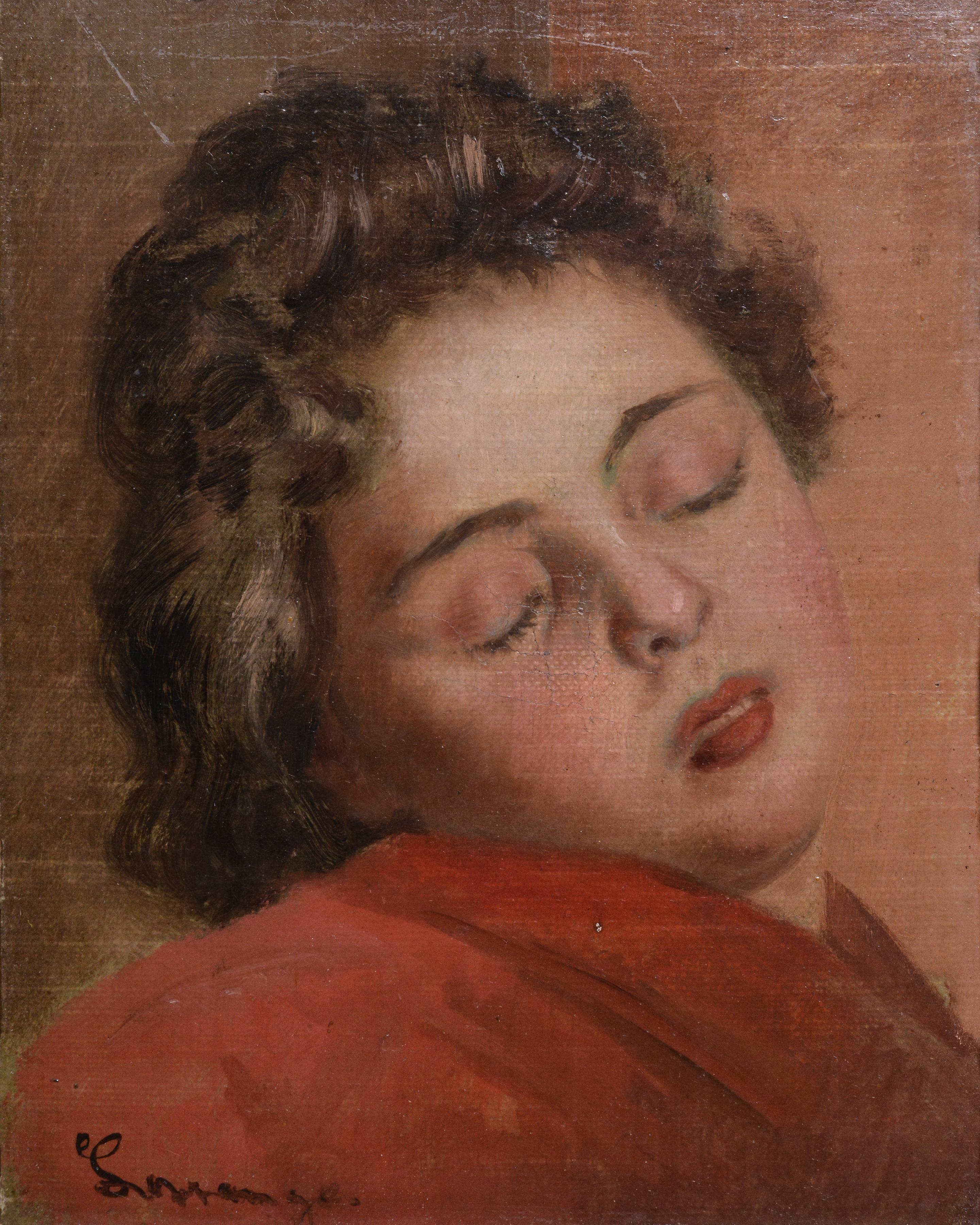 Portrait d'une jeune fille endormie par un maître peintre de genre allemand danois 19ème siècle - Painting de Johann August Frederik Carl‏ Lorange