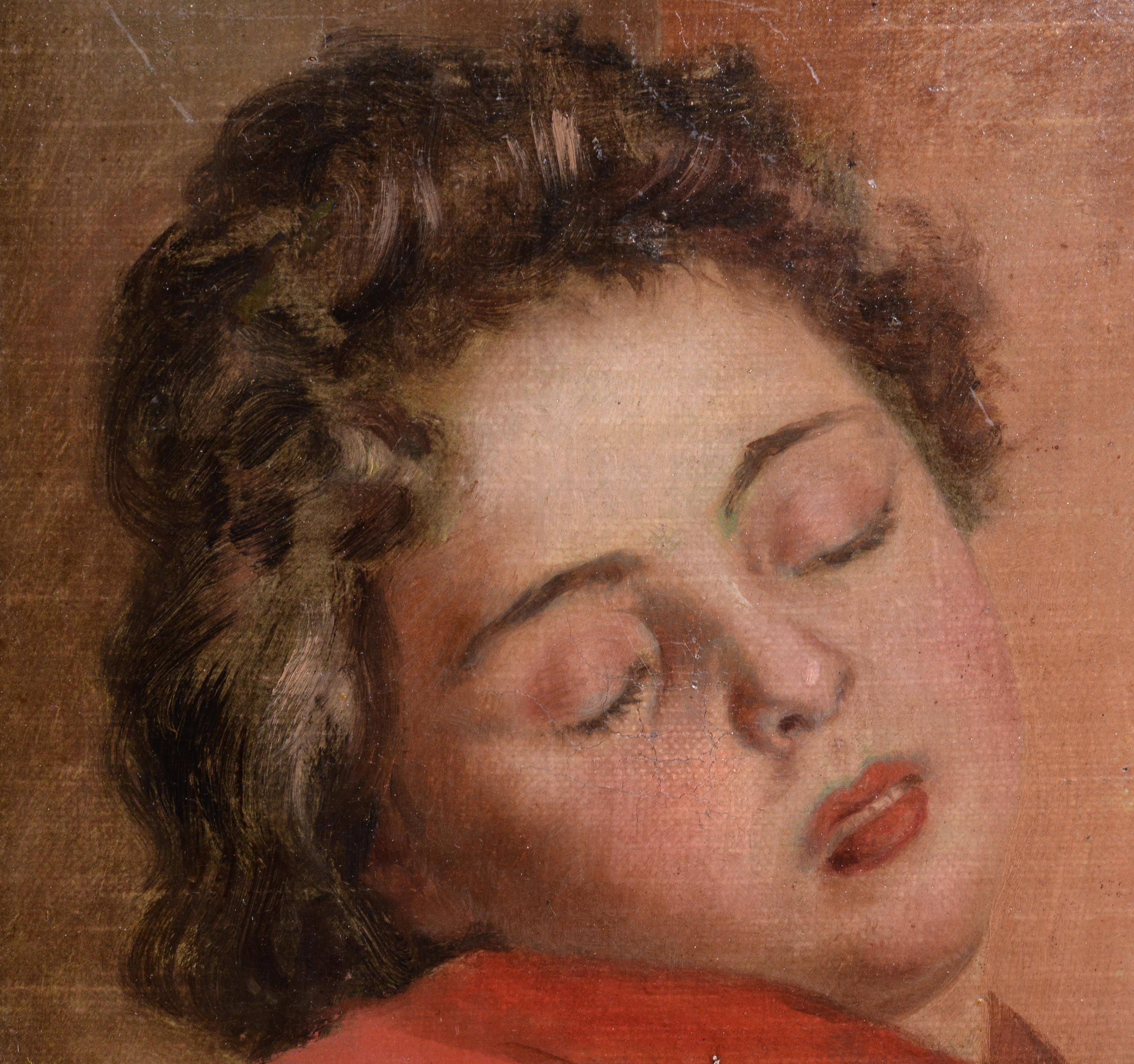 Portrait d'une jeune fille endormie par un maître peintre de genre allemand danois 19ème siècle - Réalisme Painting par Johann August Frederik Carl‏ Lorange
