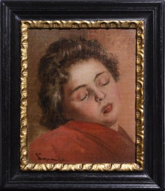 Portrait d'une jeune fille endormie par un maître peintre de genre allemand danois 19ème siècle