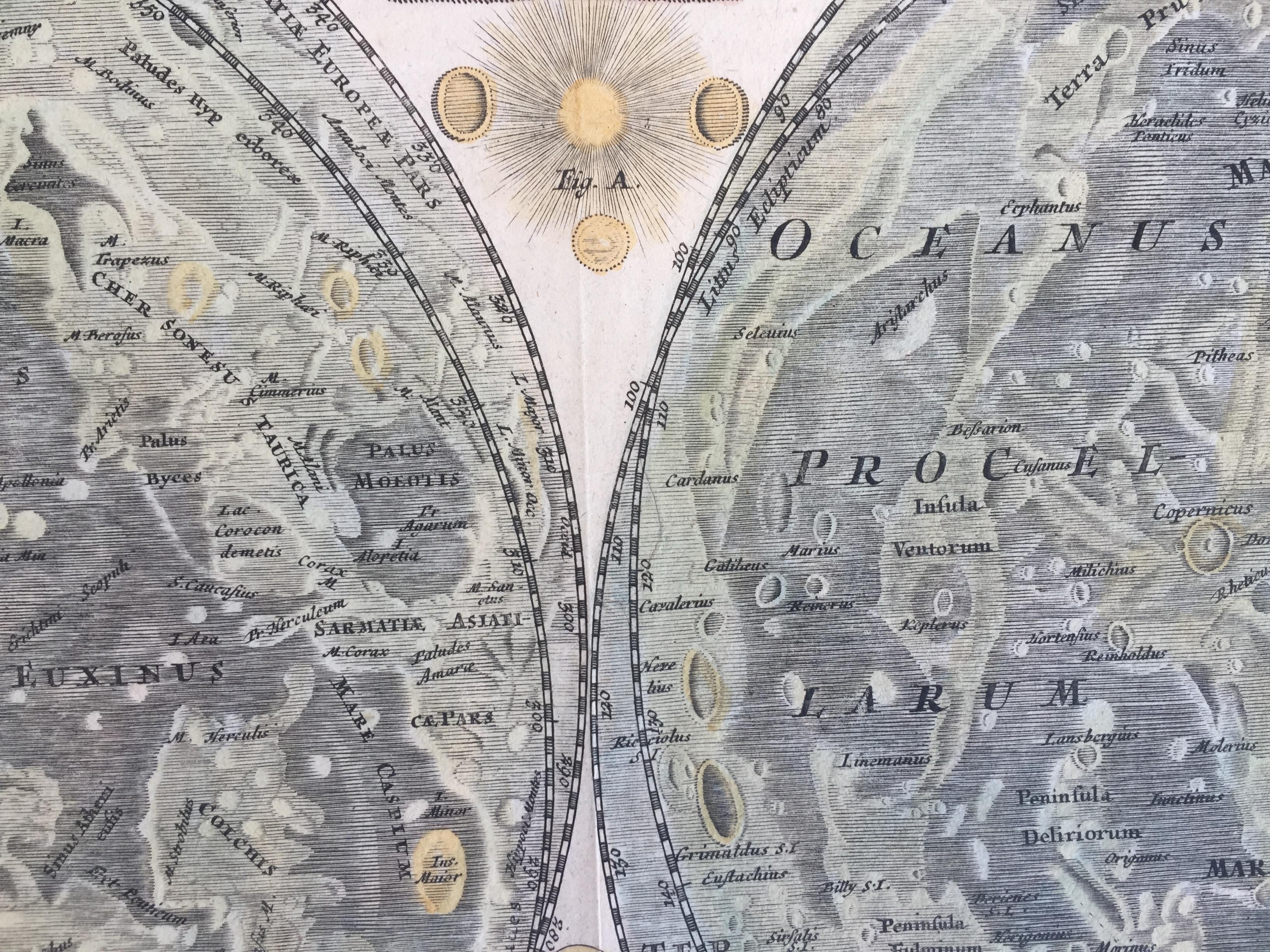 
JOHN BAPTISTE HOMANN (1663 – 1724)
 (J. G.  Doppelmayr 1671 - 1750)

          THE  MOON c. 1704
          TABULA SELENOGRAPHICA IN QUA LUNARIUM MACULARUM EXACTA DESCRIPTO ..…..       
          Nurnberg 1704-42. Engraving, 19 ½’ x 22 ½”. Sheet 21