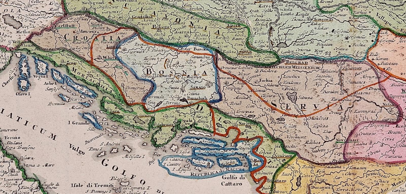 Danube River, Italy, Greece and Croatia: A Hand-colored 18th C. Homann Map  For Sale 3