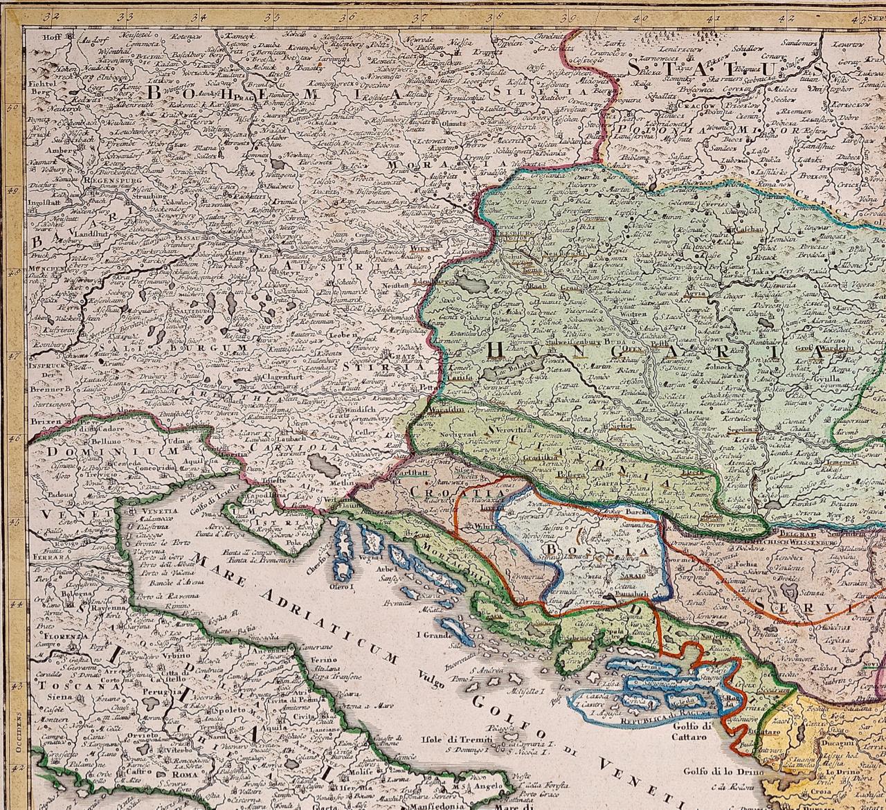 Danube- Fluss, Italien, Griechenland und Kroatien: Eine handkolorierte Karte von Homann aus dem 18. Jahrhundert  – Print von Johann Baptist Homann