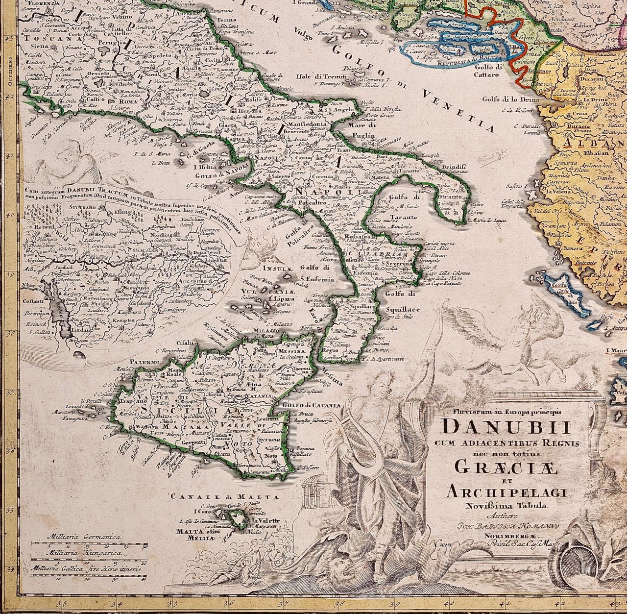 Río Danubio, Italia, Grecia y Croacia: Mapa Homann del siglo XVIII coloreado a mano en venta 1