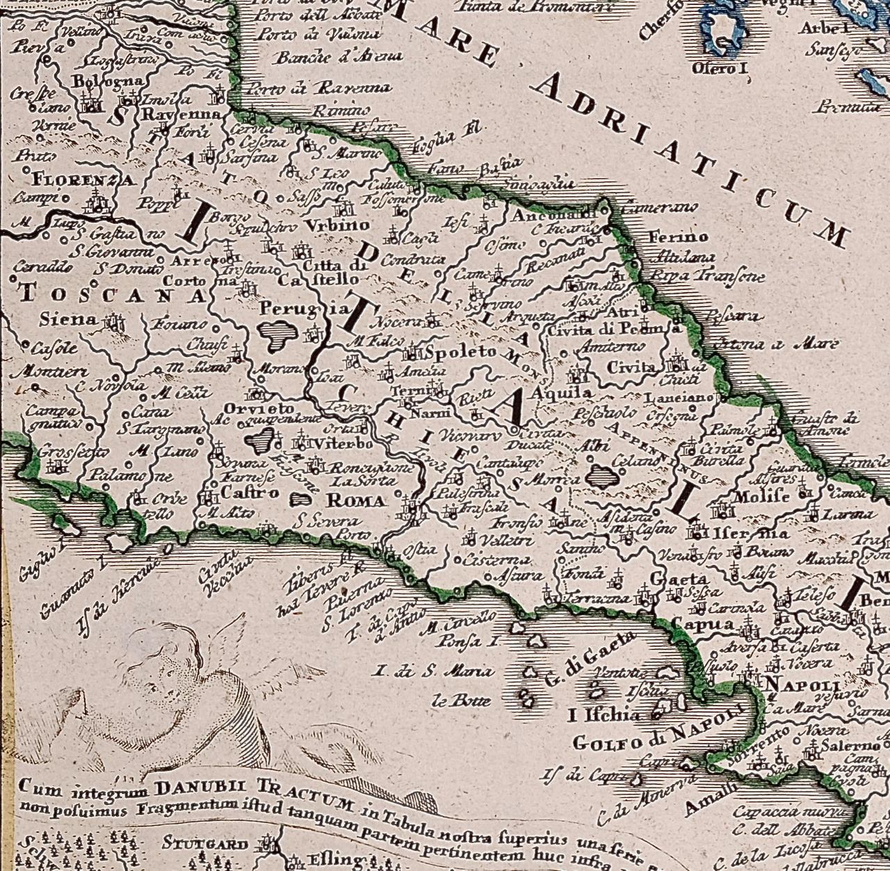 Danube River, Italy, Greece and Croatia: A Hand-colored 18th C. Homann Map  For Sale 1