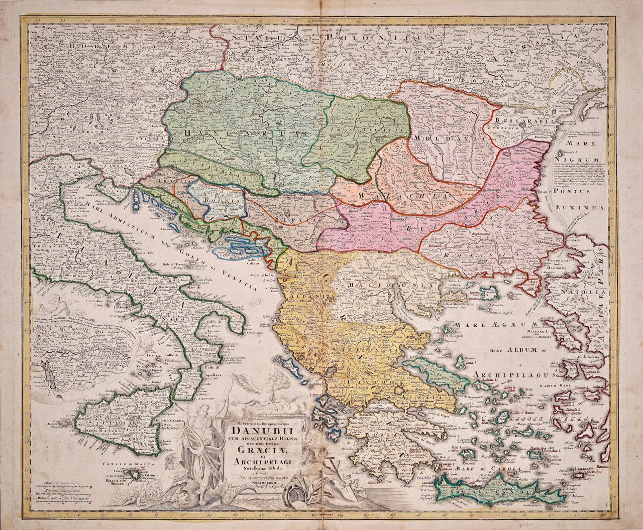 Hand-colored 18th C. Homann Map of the Danube, Italy, Greece and Croatia 
