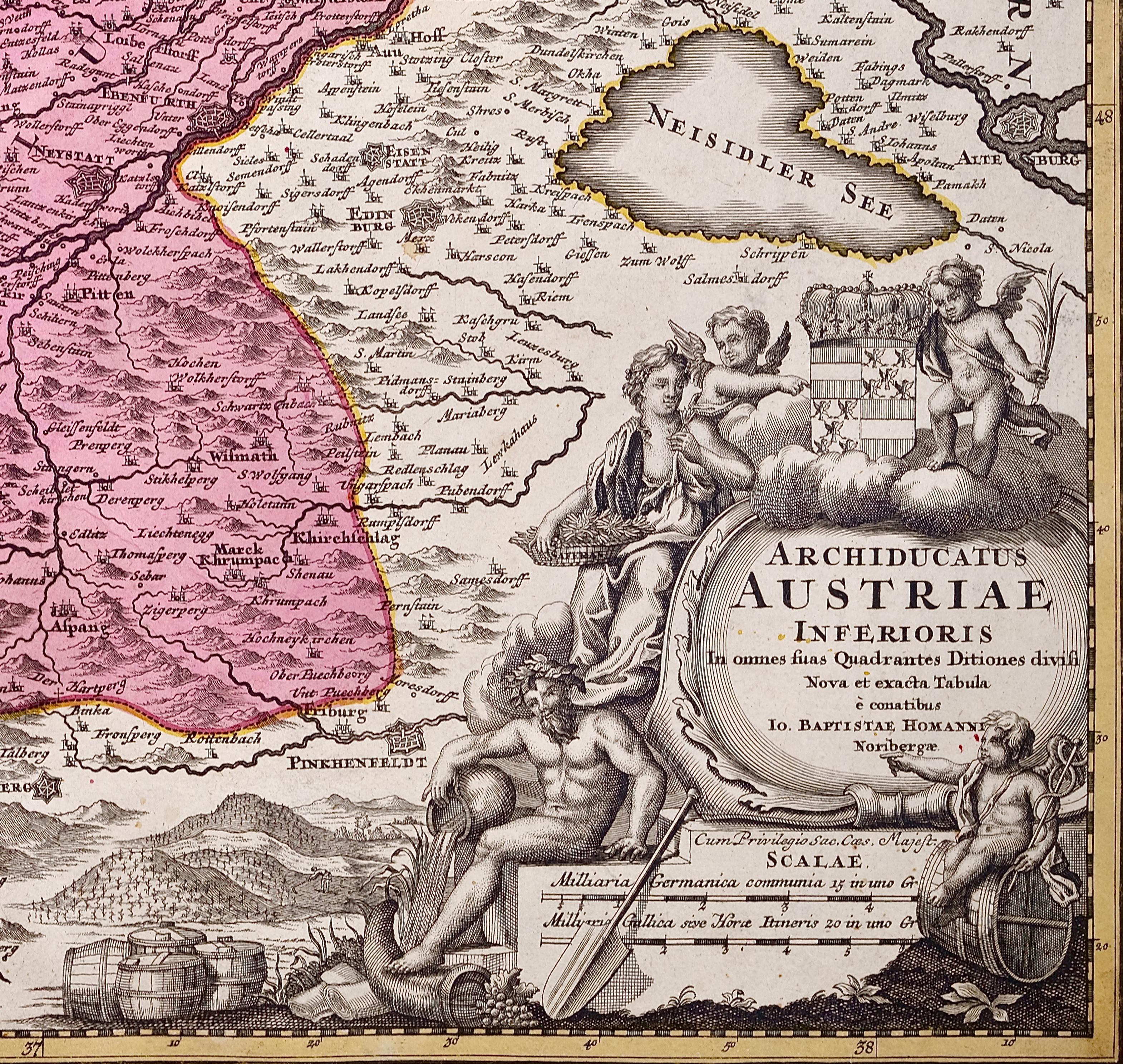 Handgefärbte Homann-Karte von Österreich aus dem 18. Jahrhundert, einschließlich Wien und der Dänemark – Print von Johann Baptist Homann
