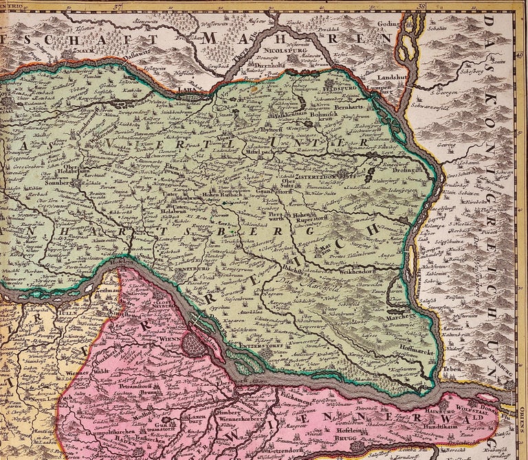 Hand Colored 18th Century Homann Map of Austria Including Vienna & the Danube - Brown Landscape Print by Johann Baptist Homann