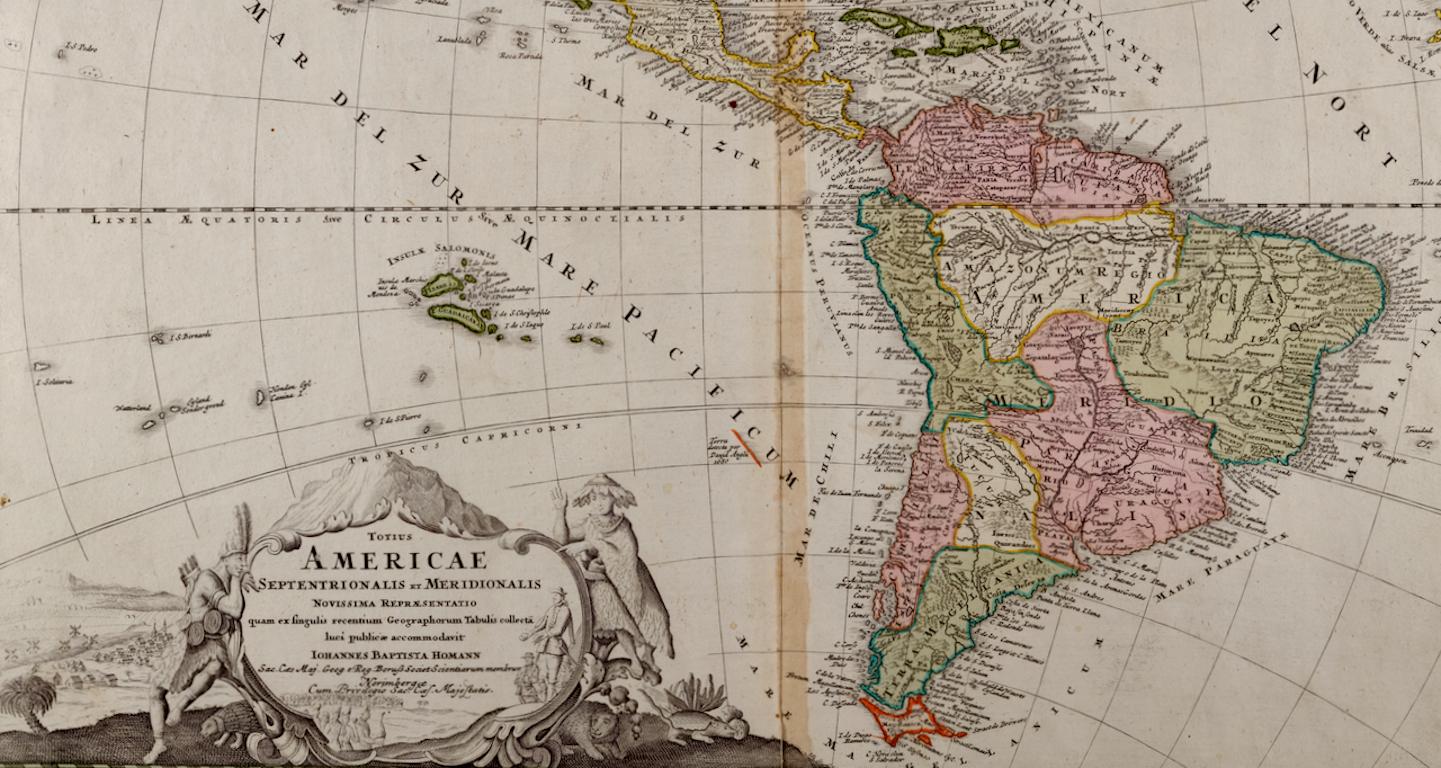 Cette carte de l'Amérique du Nord et du Sud du début du XVIIIe siècle, gravée sur cuivre et colorée à la main, intitulée 