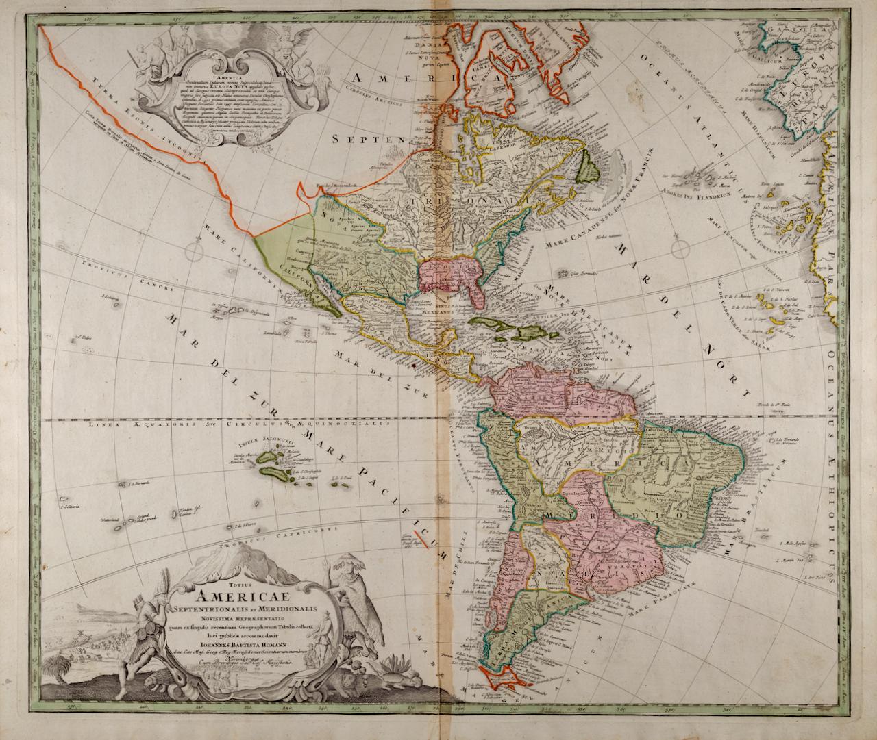 Johann Baptist Homann Landscape Print – Nord- und Südamerika: Eine handkolorierte Karte aus dem 18. Jahrhundert von Johann Homann