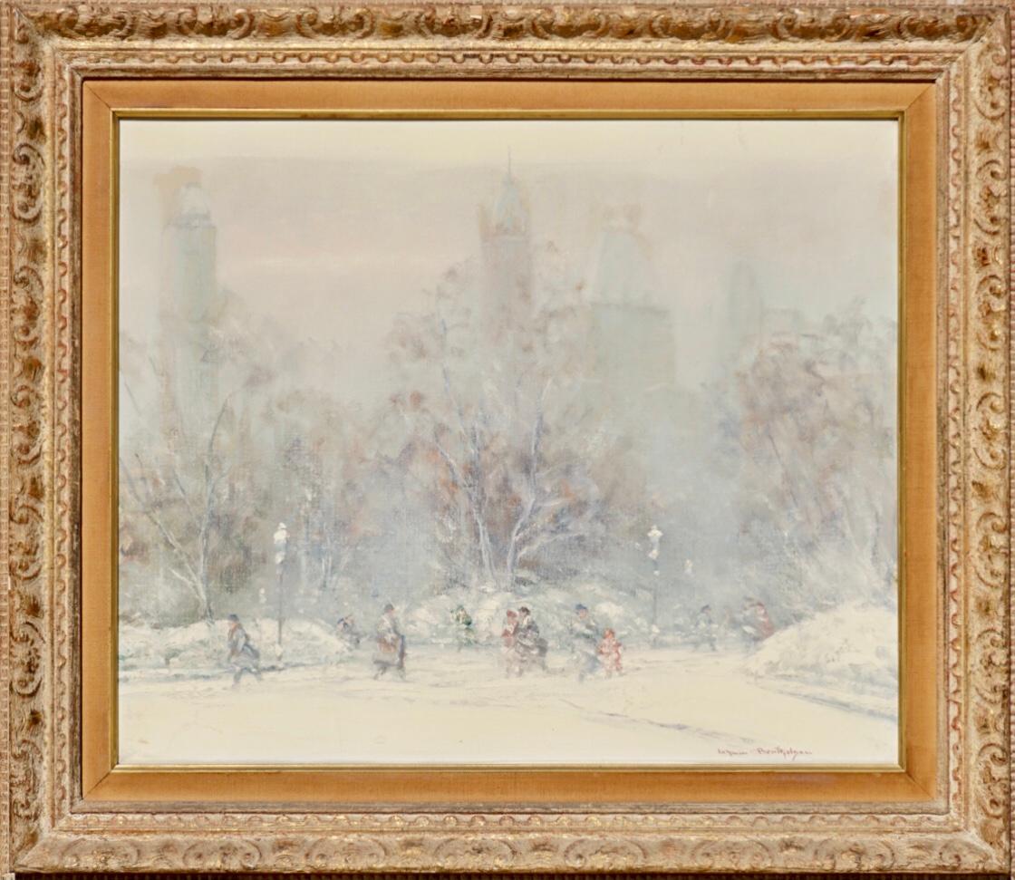 Johann Berthelsen Danish/American, 1883-1972
Central Park with People in the snow and the downtown in the background barely visible through the snow.
Signed Johann Berthelsen (lr)
Oil on canvas
Canvas:20 x 24 inches
Framed: 26.8 x 30.8

Condition: