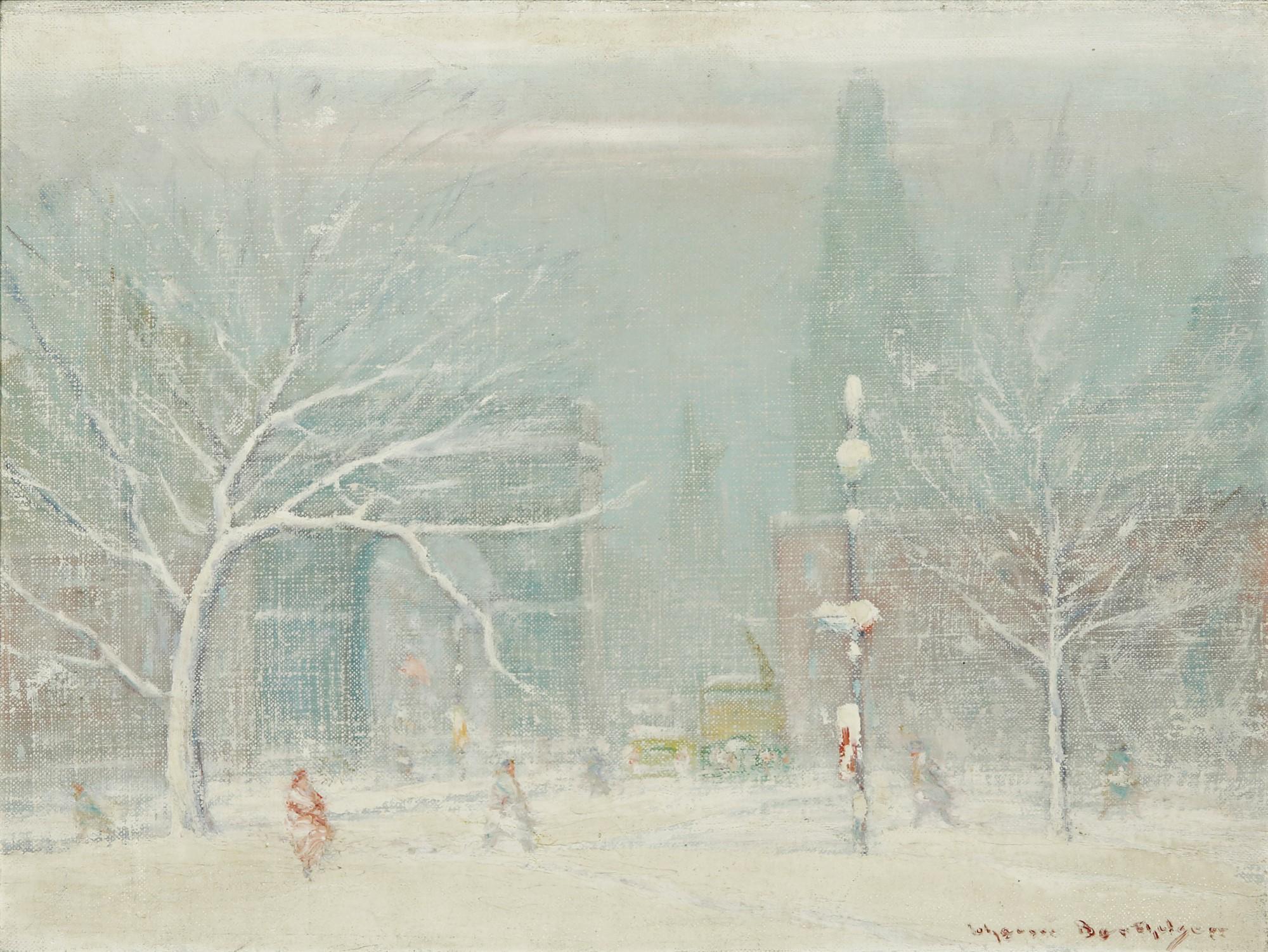 This wonderful romantic painting depicts figures bustling along a Manhattan street during a snowstorm. Signed lower right.

Johann Henrik Carl Berthelsen (1883–1972)
Coming to America as a child, he enjoyed early success as an opera singer and