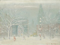Johann Berthelsen, Manhattan Snow Storm Scene, Oil on Canvas Painting, 1960s