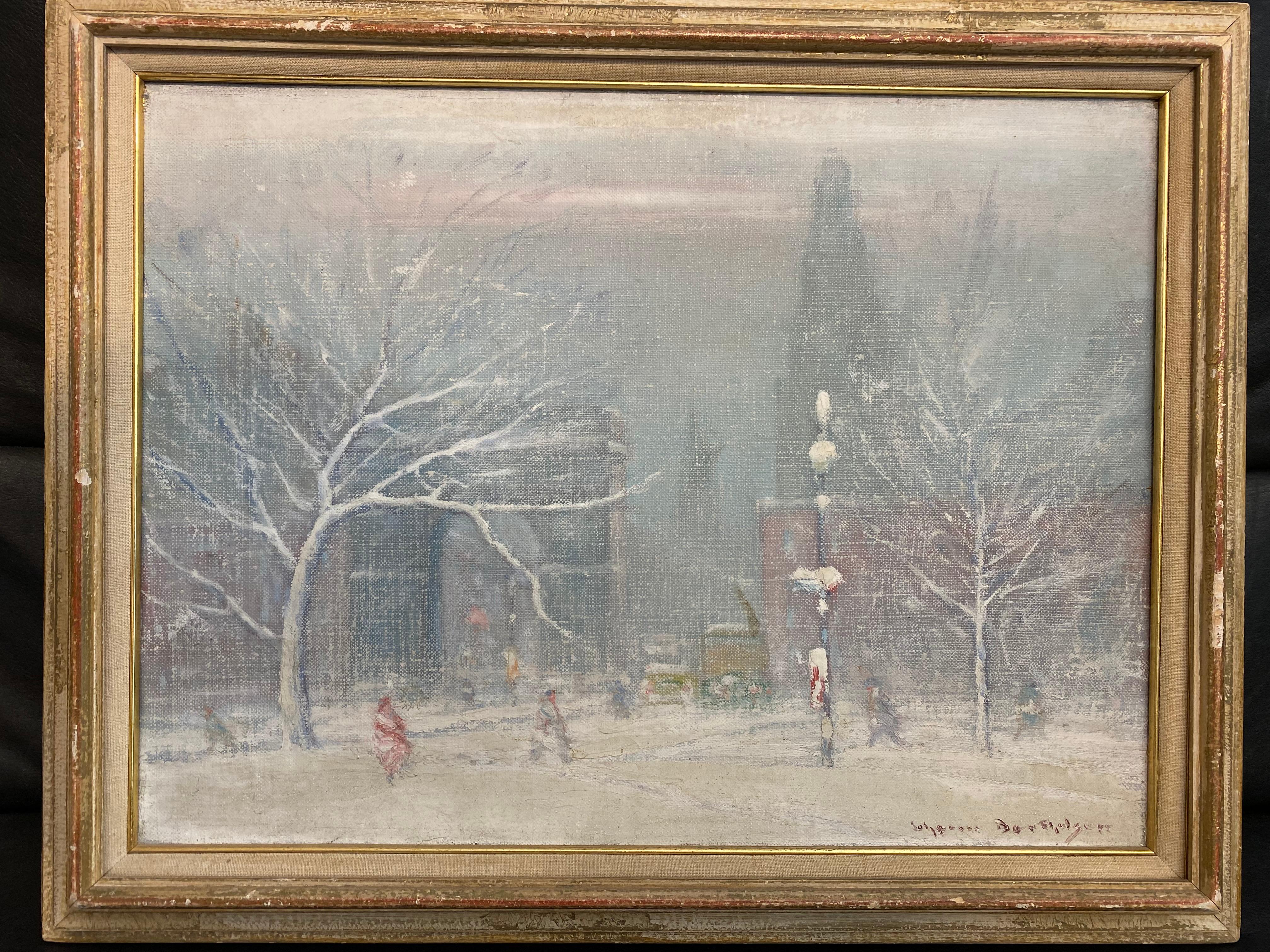 Painted Johann Berthelsen, Manhattan Snow Storm Scene, Oil on Canvas Painting, 1960s For Sale