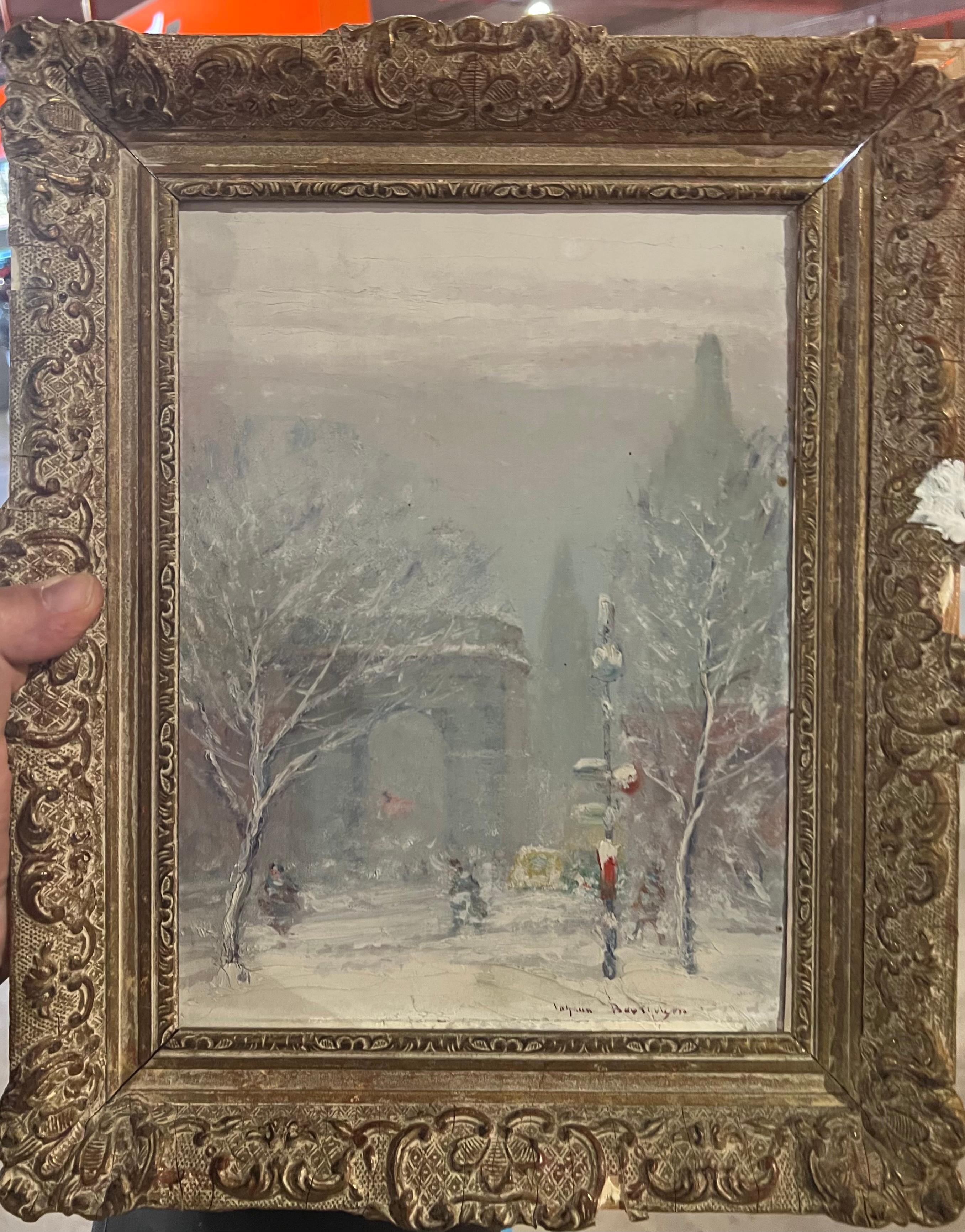 American Impressionist “WASHINGTON SQUARE PARK” with Figures and Cars - Painting by Johann Berthelsen