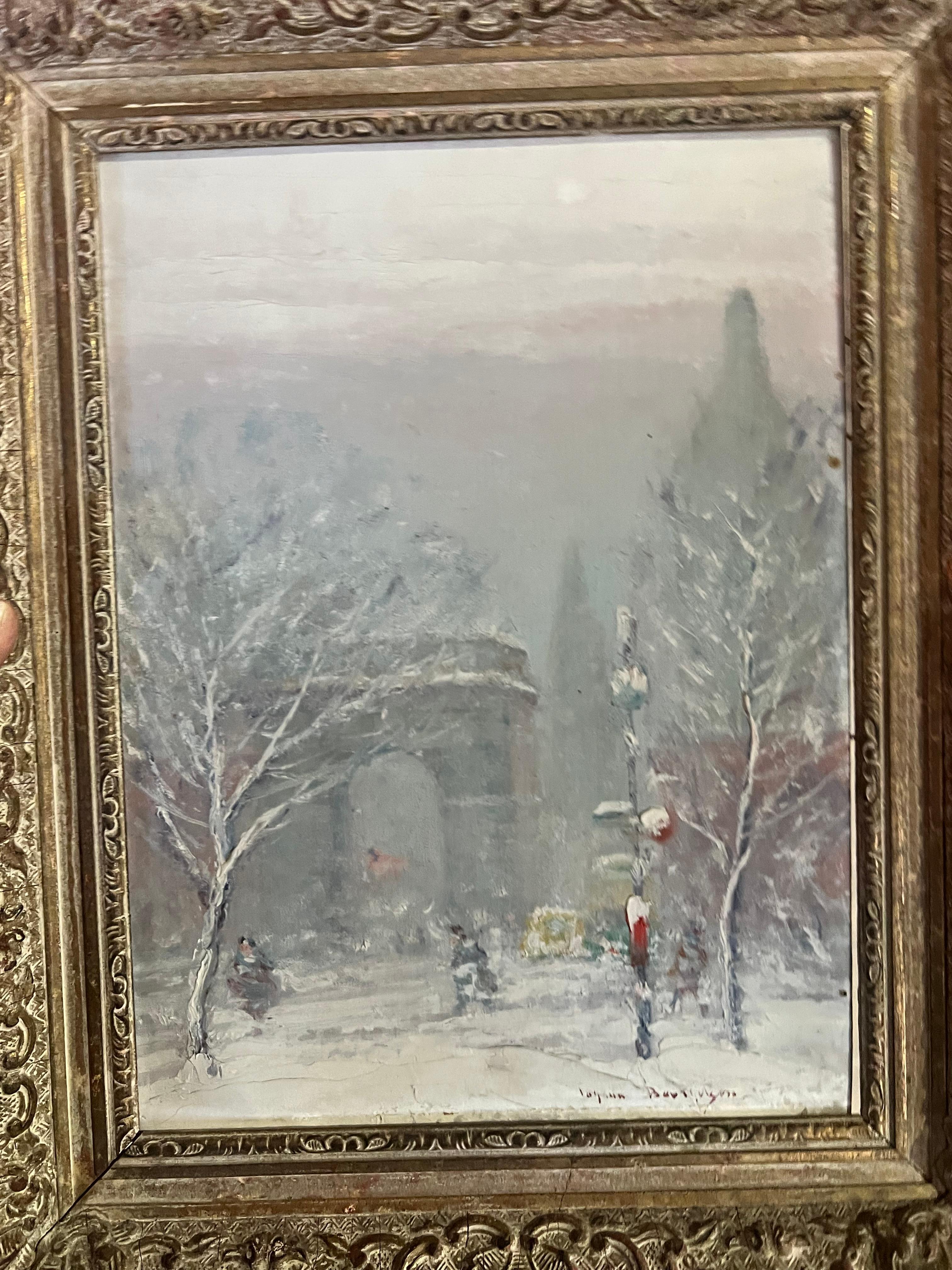 Johann Berthelsen (1883 - 1972) 
Washington Square Park, 
New York City 
Oil on Board
12 x 9 inches 
15.5x12.5 inches with frame (frame has losses)
Signed lower right: Johann Berthelsen; 
stamped on the reverse 
Original frame made by the artist's