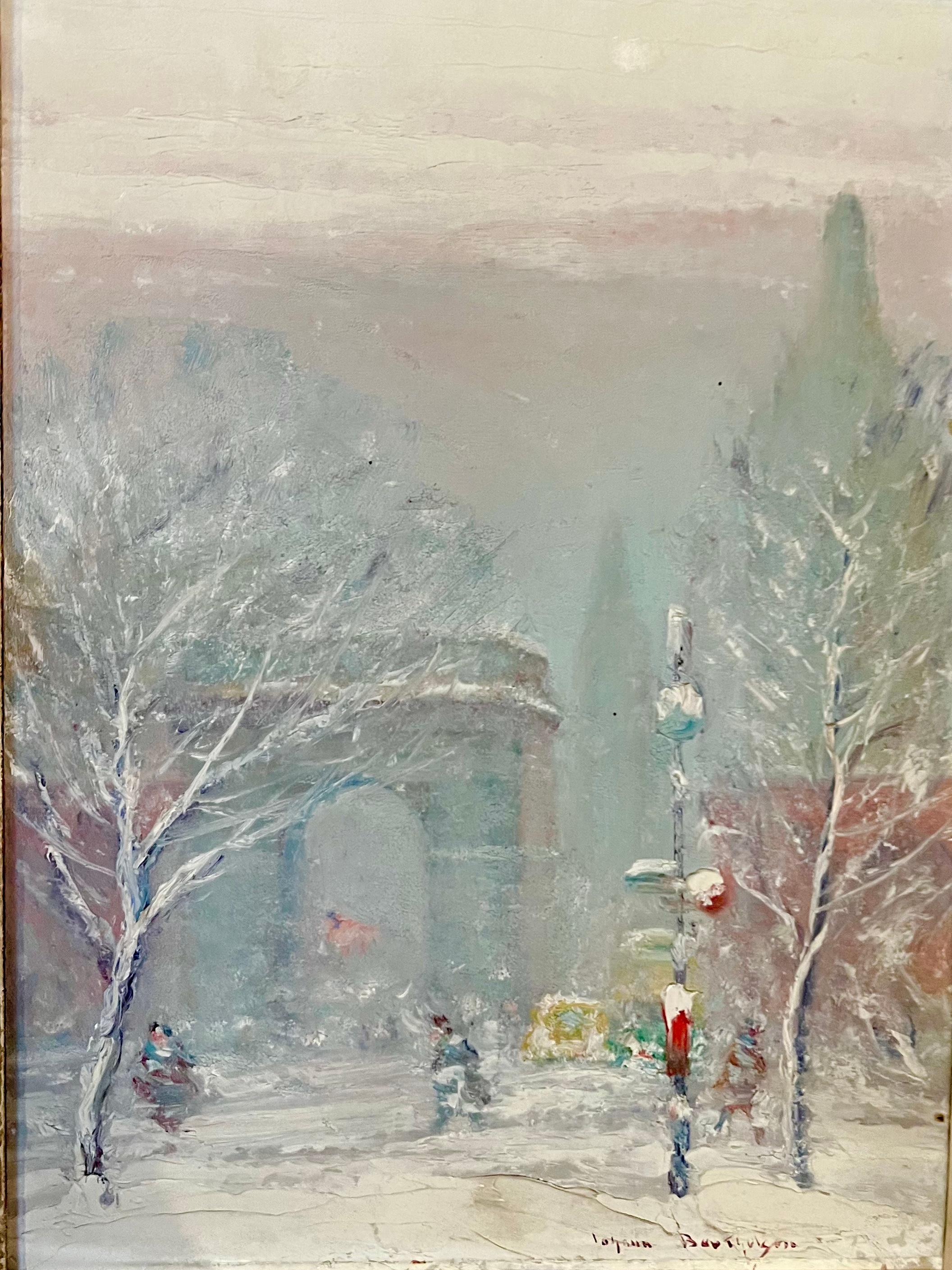 American Impressionist “WASHINGTON SQUARE PARK” with Figures and Cars 5