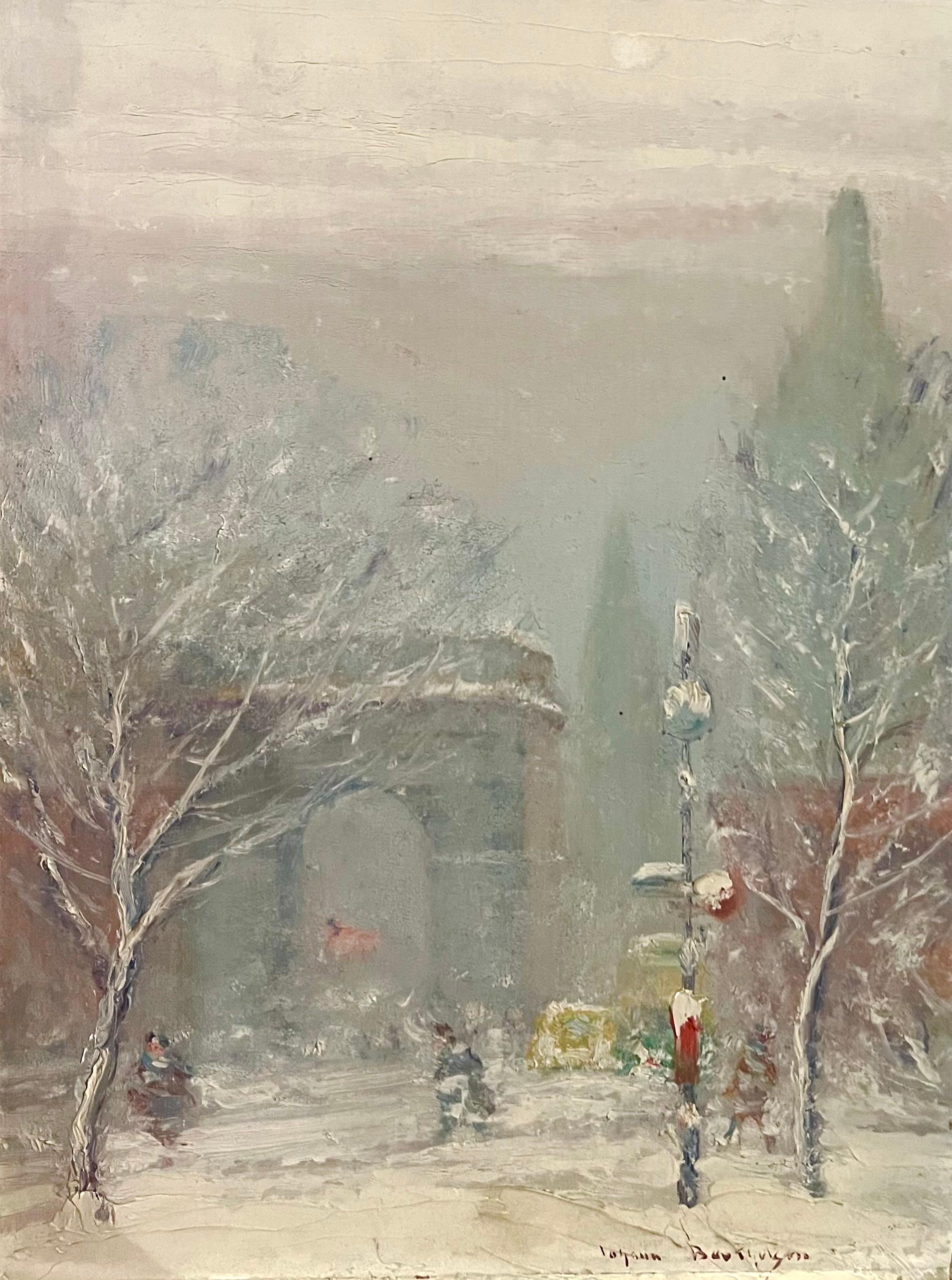 Johann Berthelsen Landscape Painting - American Impressionist “WASHINGTON SQUARE PARK” with Figures and Cars