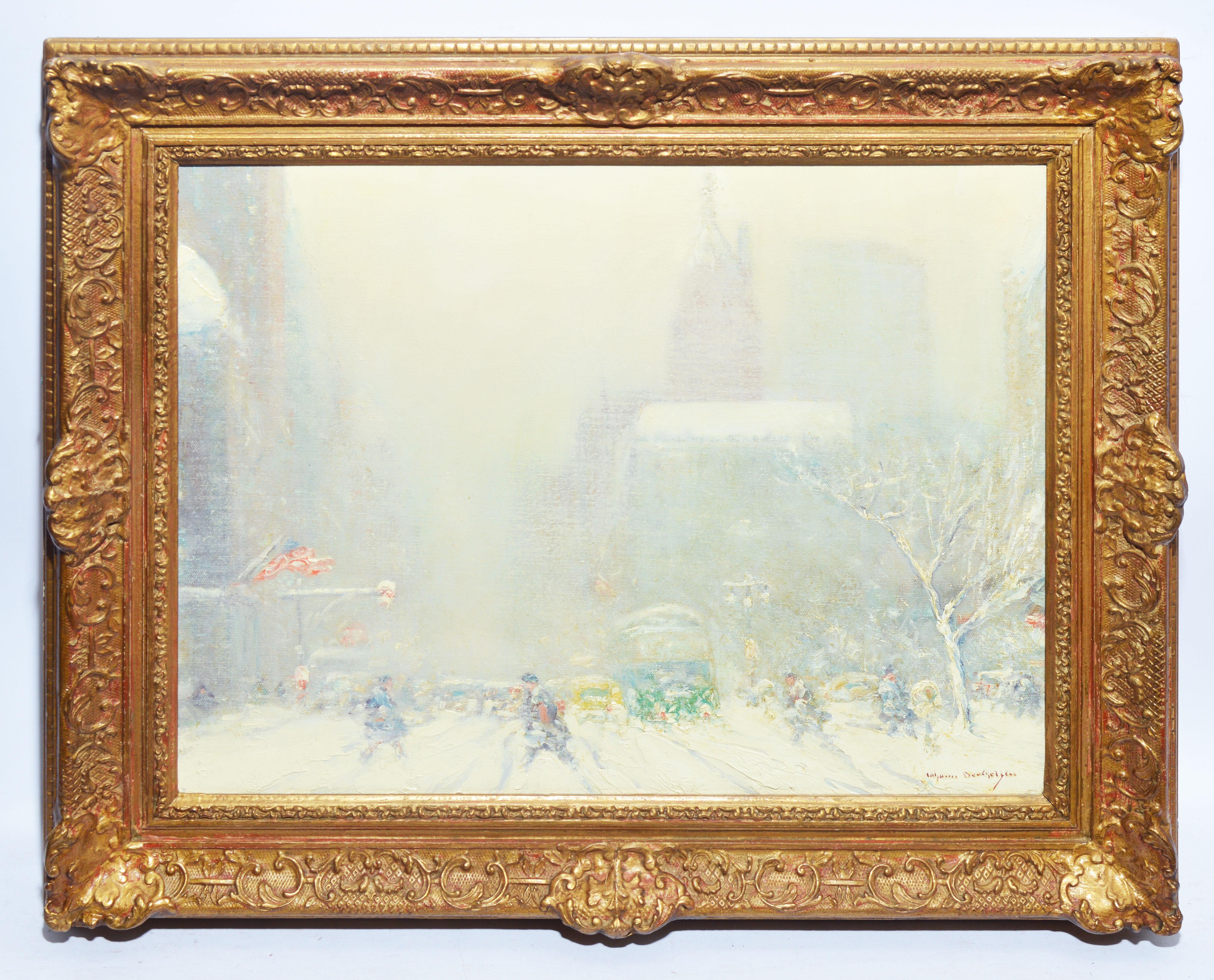 Antique Winter Impressionist Oil Painting of New York City, by Johann Berthelsen 1