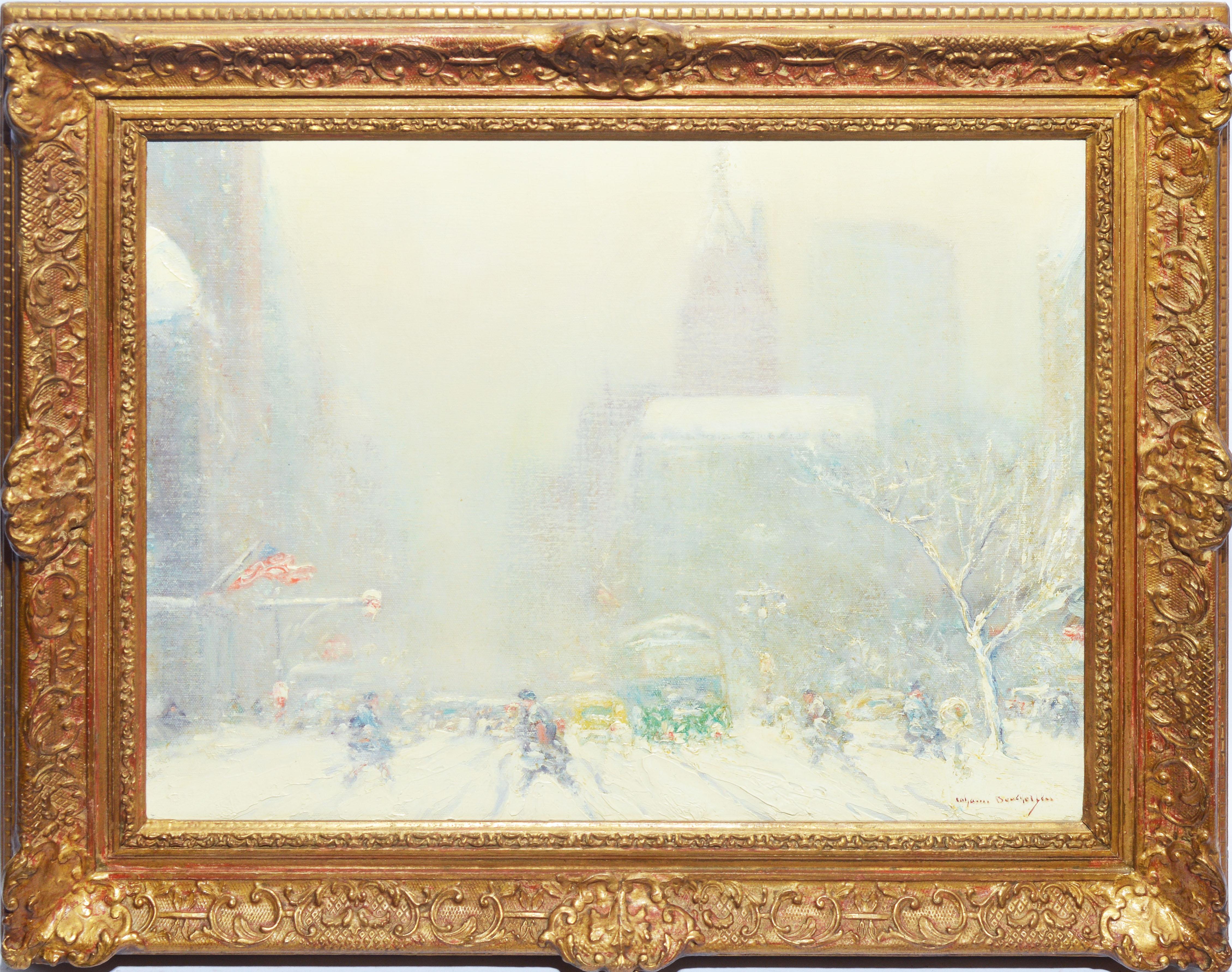 Antique impressionist painting of New York in winter by Johann Berthelsen  (1883 - 1972).  Oil on canvas, circa 1930.  Signed.  Displayed in a period giltwood frame.  Image, 20"L x 16"H, overall 25"L x 21"H.