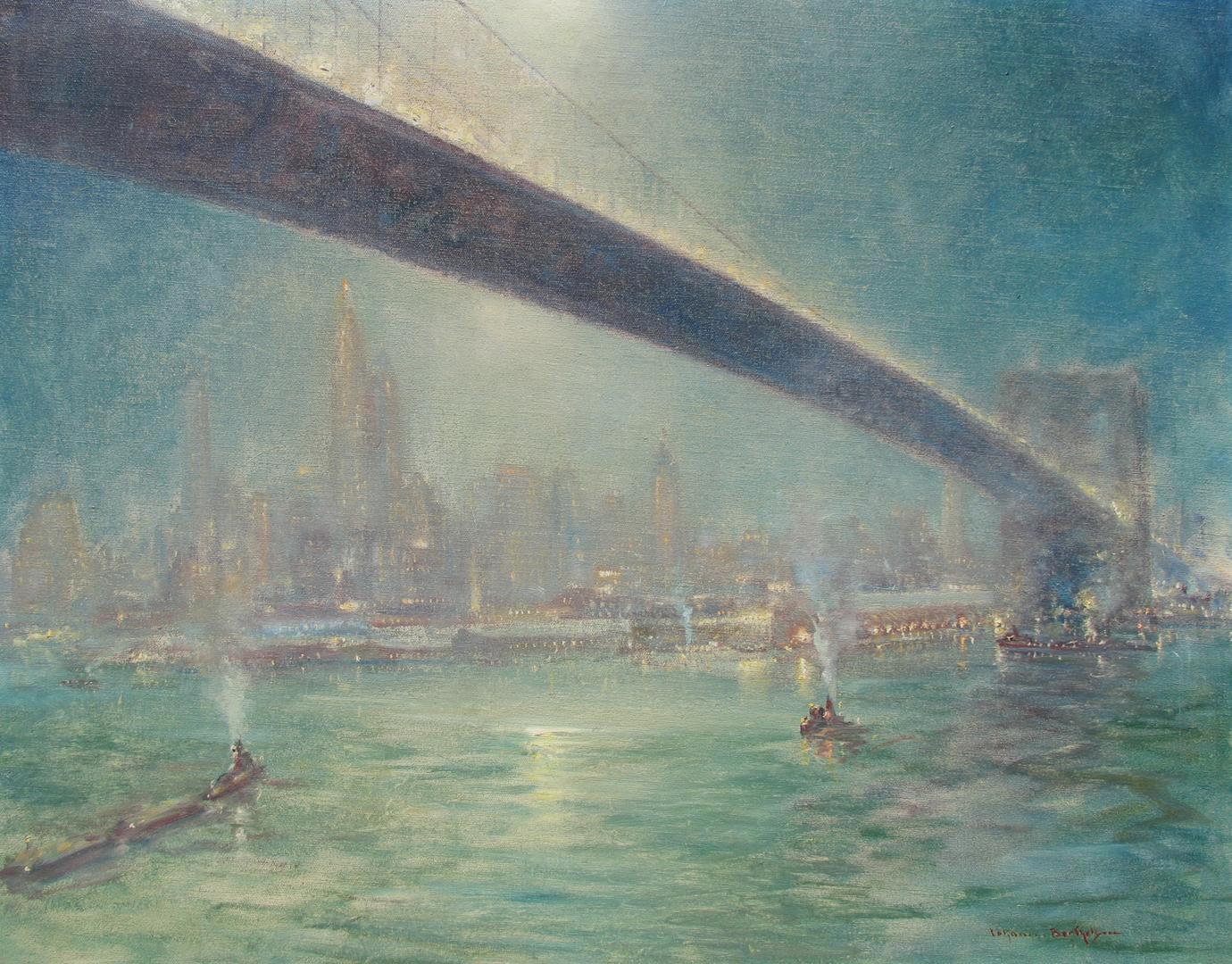 One of Johann Berthelsen's iconic nocturne views of New York City across the Hudson River. 

Bridge Nocturne (c.1945)
Oil on canvas, 22