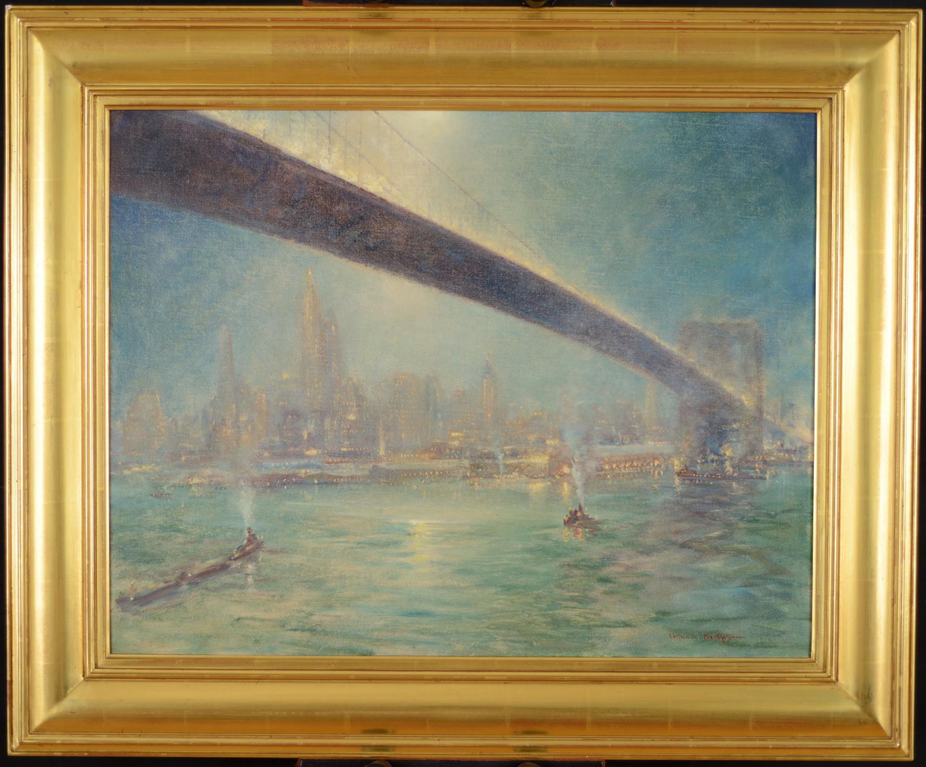 Una de las icónicas vistas nocturnas de Johann Berthelsen de la ciudad de Nueva York a través del río Hudson. 

Nocturno de puente (c.1945)
Óleo sobre lienzo, 22" x 28
29 ½" x 36" x 2" enmarcado
Firmado "Johann Berthelsen" abajo a la