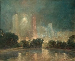 "Central Park at Night" Impressionist New York City Spring Scene Oil on Canvas
