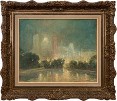 Vintage "Central Park at Night" Impressionist New York City Spring Scene Oil on Canvas