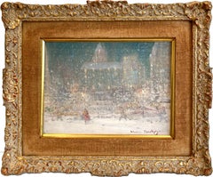 Vintage "Winter Evening at the Grand Army Plaza" Impressionist 5th Ave NYC Oil Painting
