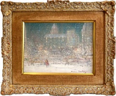 "Sera d'inverno alla Grand Army Plaza" Pittura ad olio impressionista della 5th Ave di New York