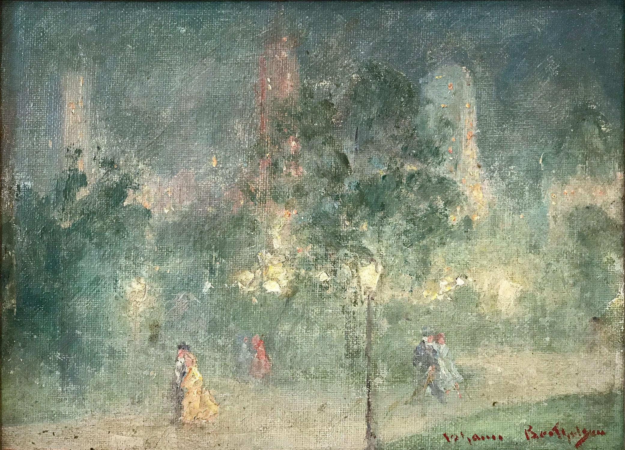 Peinture à l'huile impressionniste « Central Park Nocturne » représentant des personnages de Central Park NYC - Painting de Johann Berthelsen