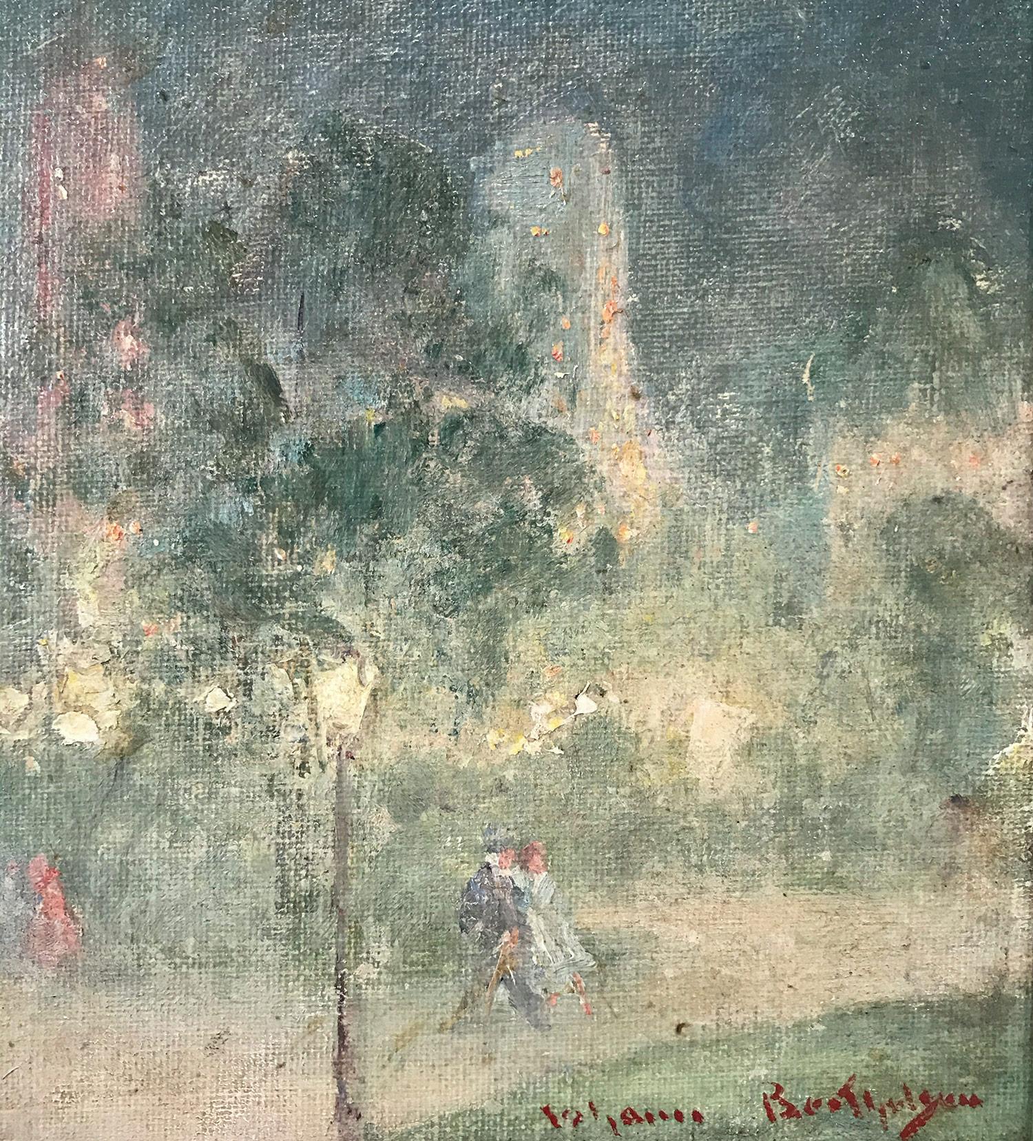 Peinture à l'huile impressionniste « Central Park Nocturne » représentant des personnages de Central Park NYC - Marron Landscape Painting par Johann Berthelsen
